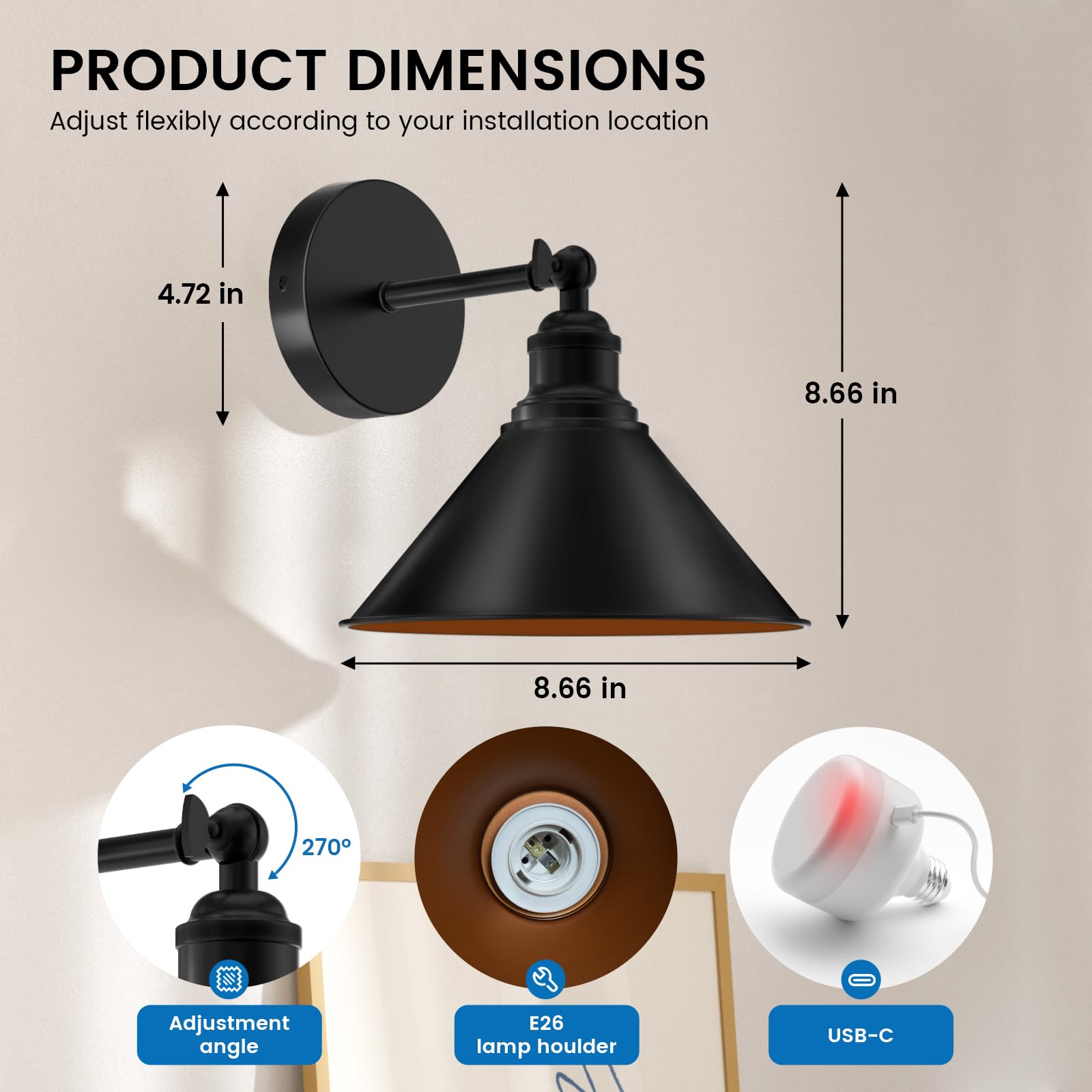 Niorsun Vintage Battery Operated Wall Sconce Set Of 2, Black Wireless Rechargeable Wall Lights With 5200Mah Dimmable Detachable
