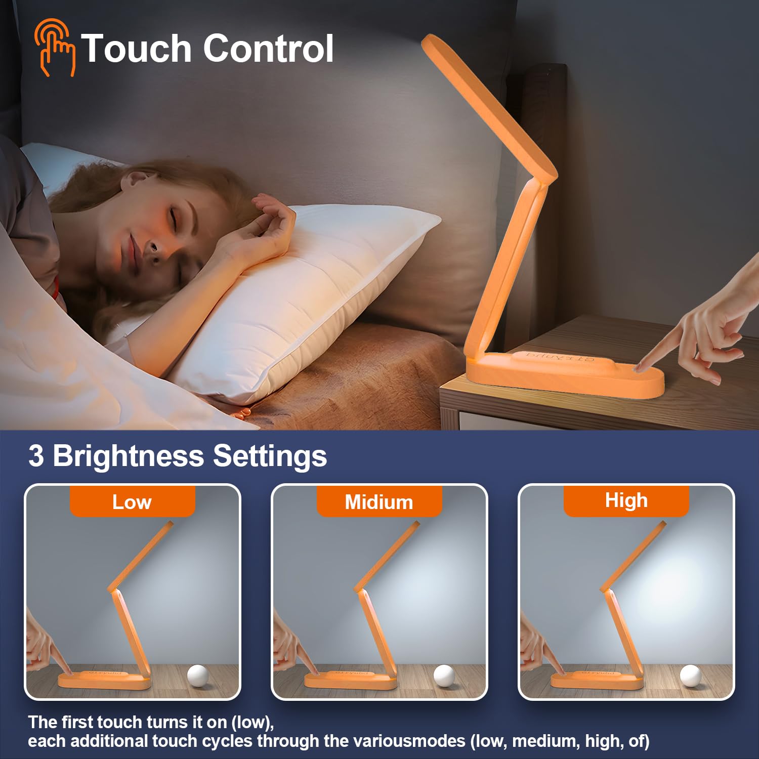 Giryuhd LED Desk Lamp Rechargeable Foldable Portable Light, 3 Brightness Dimmable, Model A211, Orange
