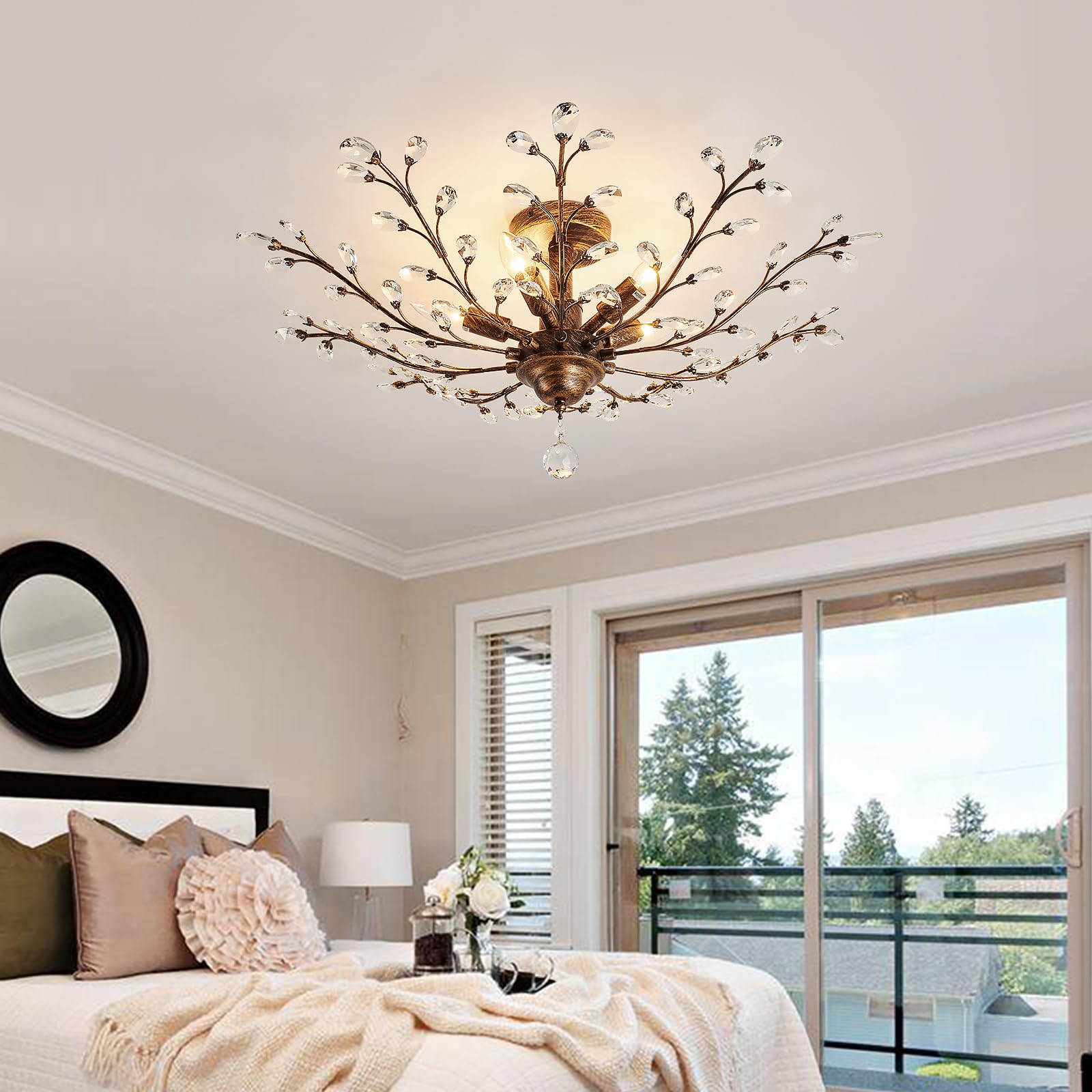 CVKASH 5-Light Vintage Crystal Chandelier, Modern Bronze Iron Ceiling Fixture, 30 Inch for Kitchen, Dining, Living Room, Bedroom, Hallway