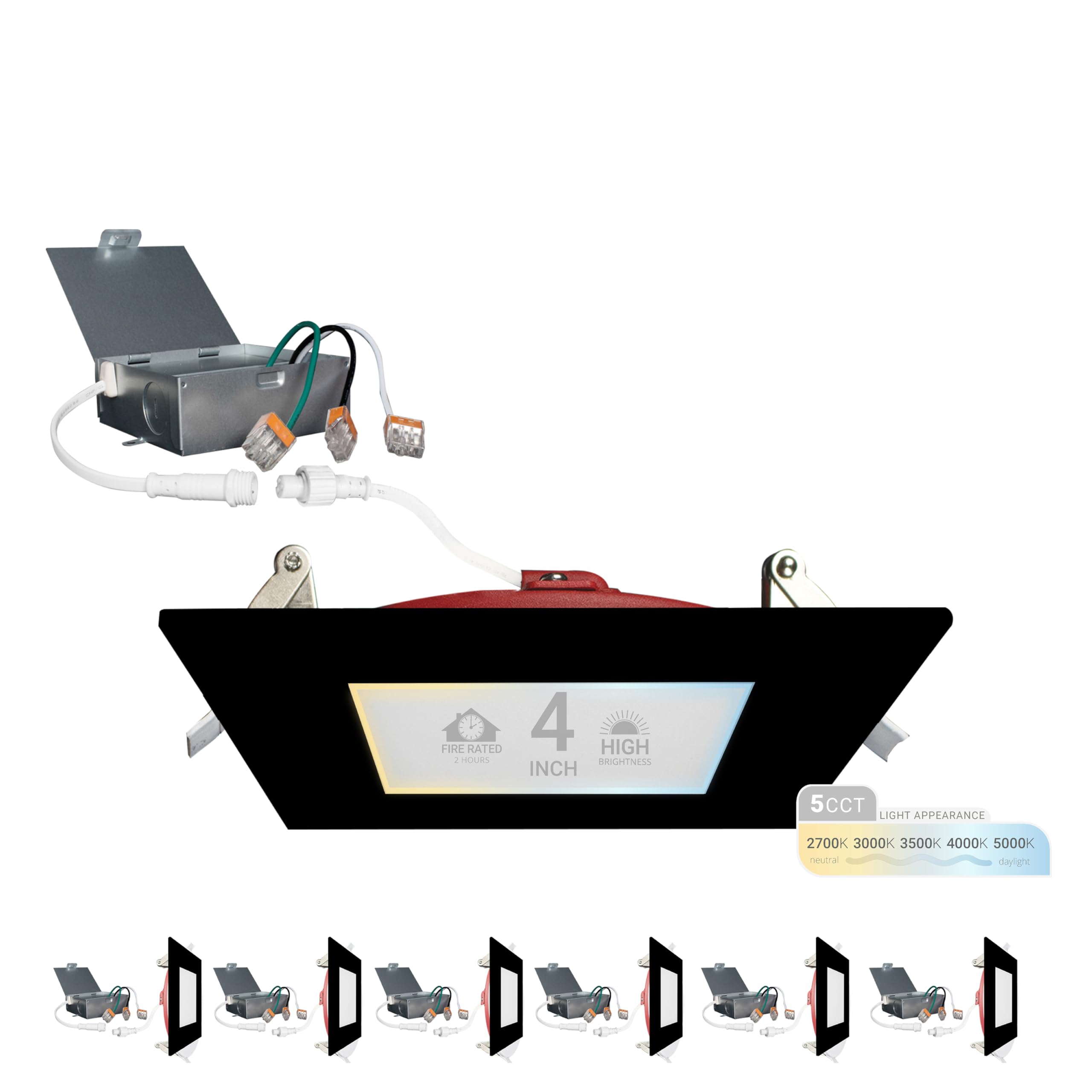 NUWATT LED 4 Fire Rated Recessed Lighting, Square 4 Inch Wafer LED Lights, 5CCT 2700K/3000K/3500K/4000K/5000K, 12W, Dimmable 900