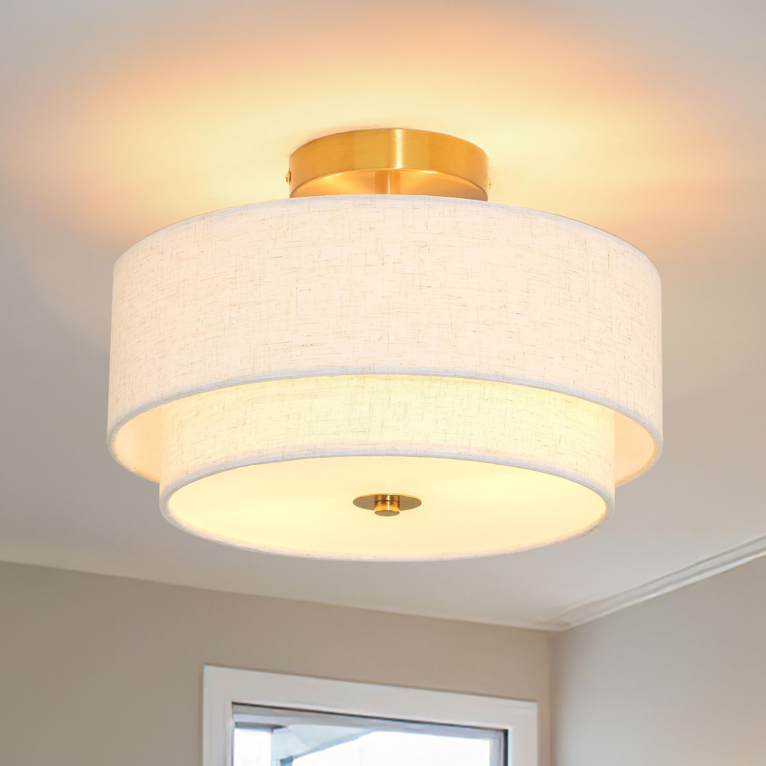 2 Light Semi Flush Mount Ceiling Light Fixture 12.6 Inch Modern Gold Drum Ceiling Light Fixture With 2-Layer Fabric Shade Dimmab