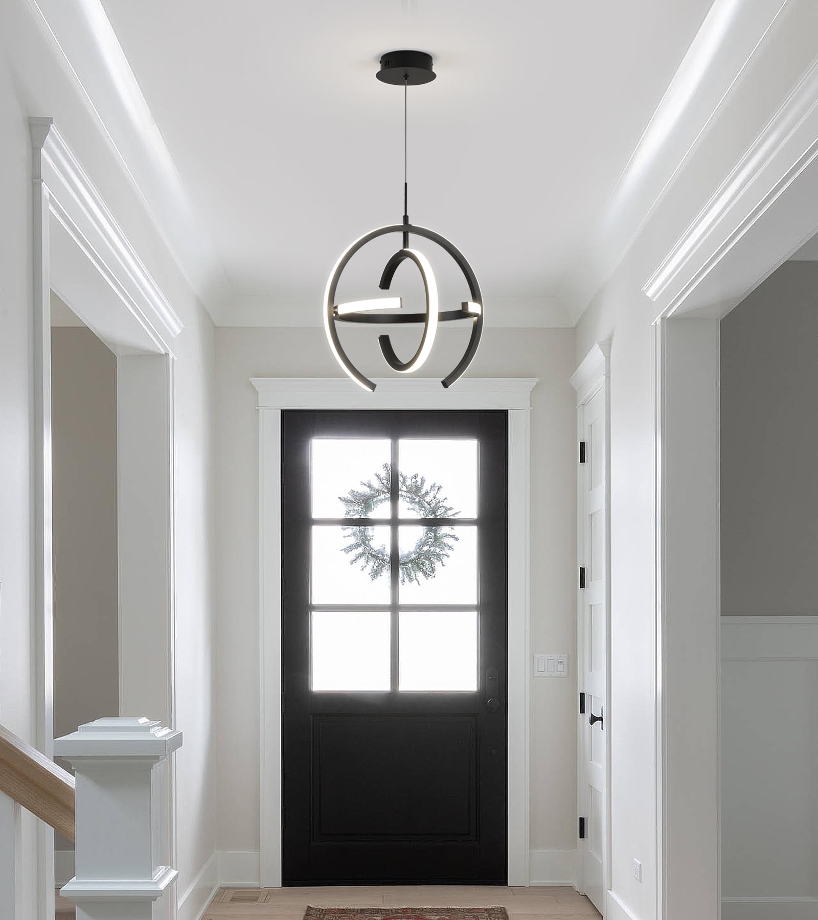 Q&S Modern LED Chandelier - Black Round Globe Pendant Light for Entryway, Kitchen, Dining, Living Room - W15" - Model P2028-BK