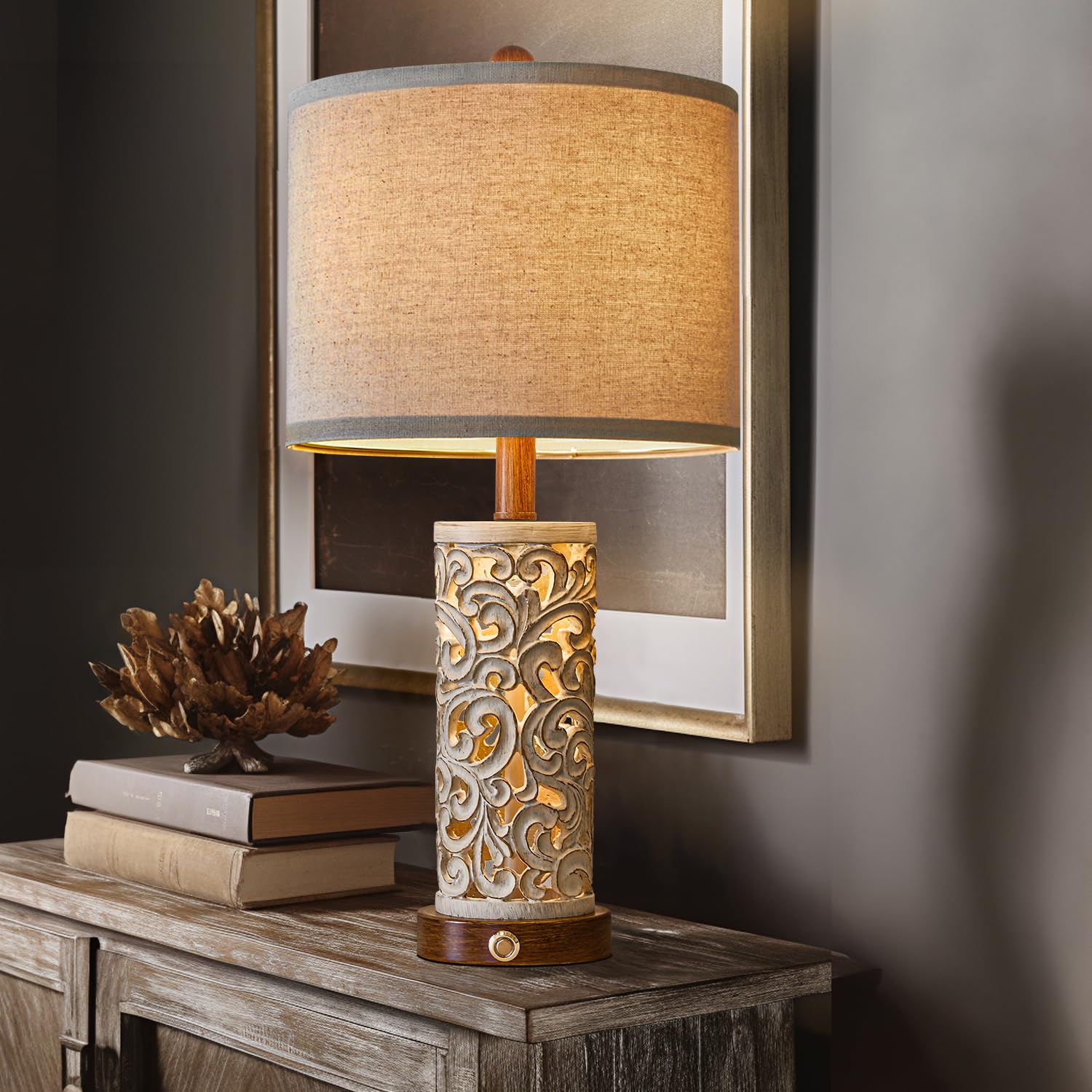 OYEARS 22'' 3-Way Dimmable Touch Control Table Lamp with Nightlight - Brown, USB A+C, Model AMZ-T1072BR-TU-1