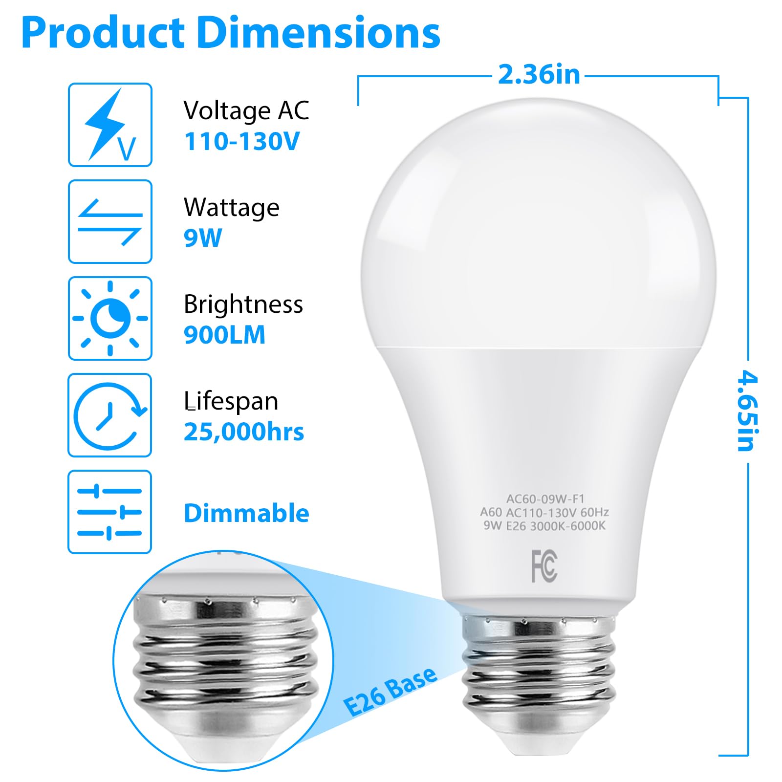 A19 Led Light Bulb With Remote Control, 900Lm 9W Led Bulb 60Watt Equivalent, Stepless Dimmable 3000K-6000K Light Bulb, Standard