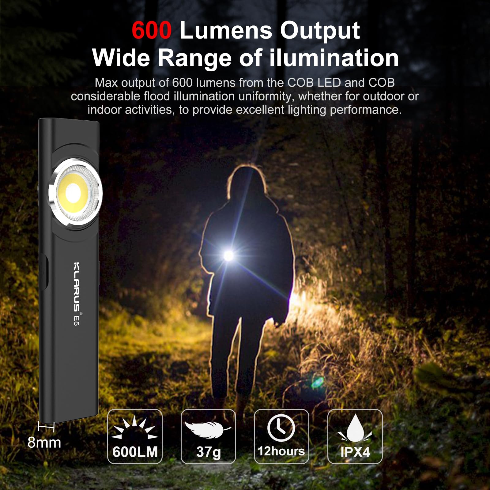 Klarus E5 Pocket Flashlight, 600 Lumens, Rechargeable, USB-C, IPX4, Magnetic Base, Black, 4.2x1x0.3 inches