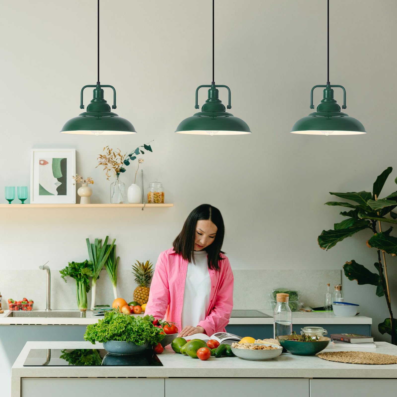 Sesiment Farmhouse Pendant Light, 9.4Inch, 2 Packs- Green Industrial Kitchen Pendant Lights, Pendant Lights Kitchen Island, Pend