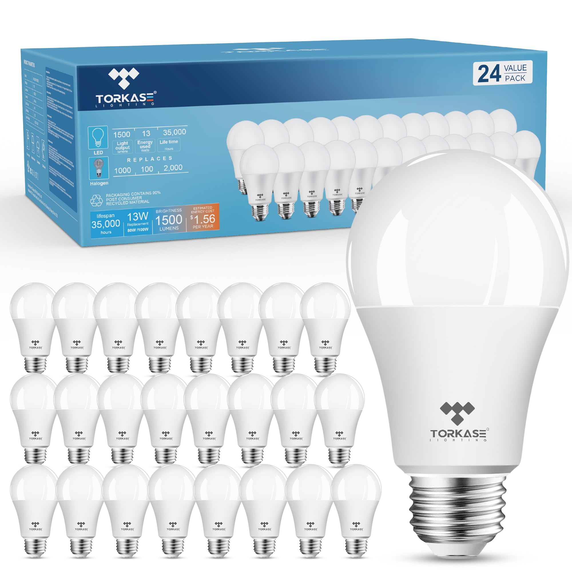 Torkase LED Light Bulbs, 13W 1500LM, Non-Dimmable, E26, 2700K Soft White, Aluminum, 24-Pack
