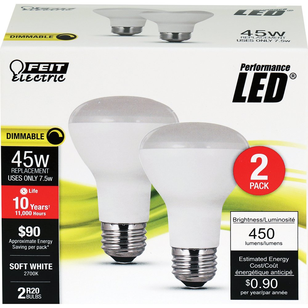 Feit Electric LED R20 Light Bulb - 45W Equivalent, 450 Lumen, Dimmable, 2700K Soft White, Pack of 2, Model R20DM/