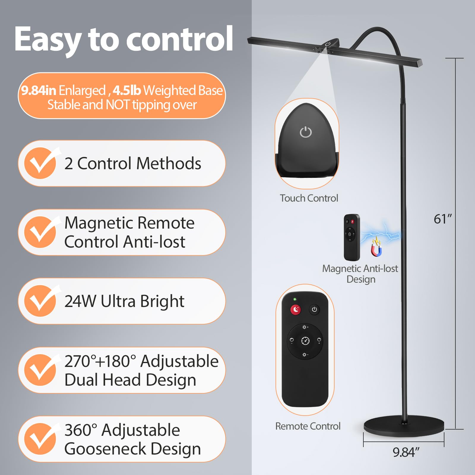 Starmoitic Led Floor Lamp, 24W 2400Lm Tall Reading Lamp, Floor Standing Office Task Lamp, Double Head Lash Light, Adjustable Gooseneck Craft Light, Dimmable Tattoo Light, Puzzle Lamp For Living Room