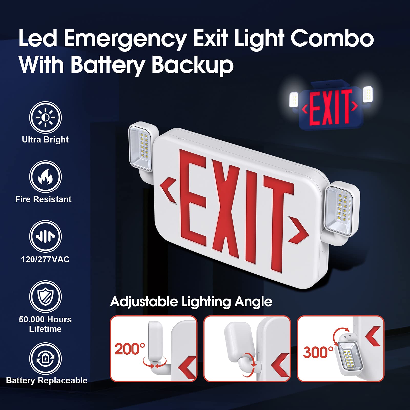 Sitisfi Led Combo Emergency Exit Sign Light With Two Adjustable Head Lights And Backup Battery Exit Light,Us Standard Red Letter Commercial Emergency Exit Lighting,Ul 924,Ac120/277V (2Pack)