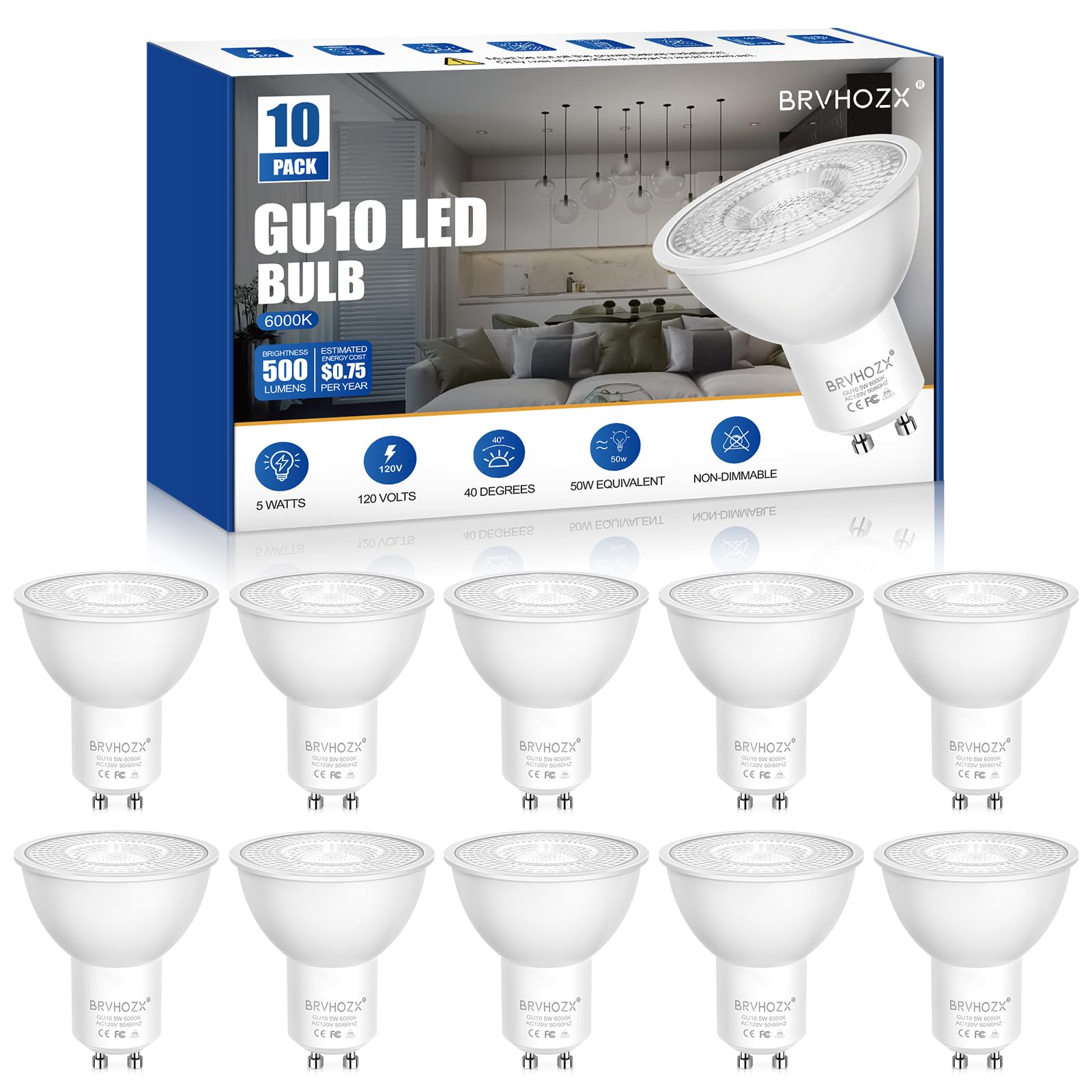 Brvhozx Gu10 Led Bulbs  6000K Daylight White  5W  500Lm Led Spotlight Bulb  Equivalent To 50W Halogen  No Flicker  Non-Dimmable  40 Beam Angle  120V  Base Gu10 Light Bulbs For Home Lighting-10Pcs