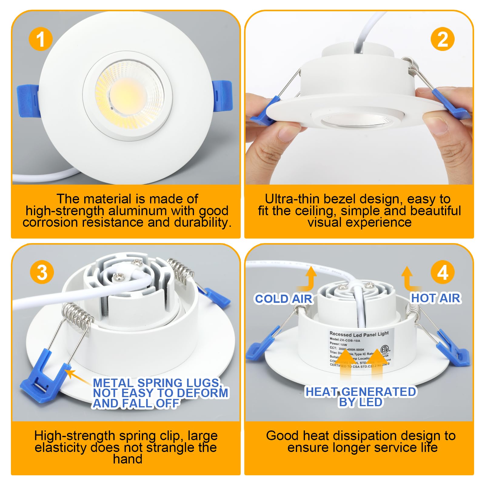 Sublimation 4 Packs 3 Inch Led Recessed Light 10W,3 Colors Adjustable 3000K/4000K/5000K,Waterproof Recessed Lights For Shower,Su