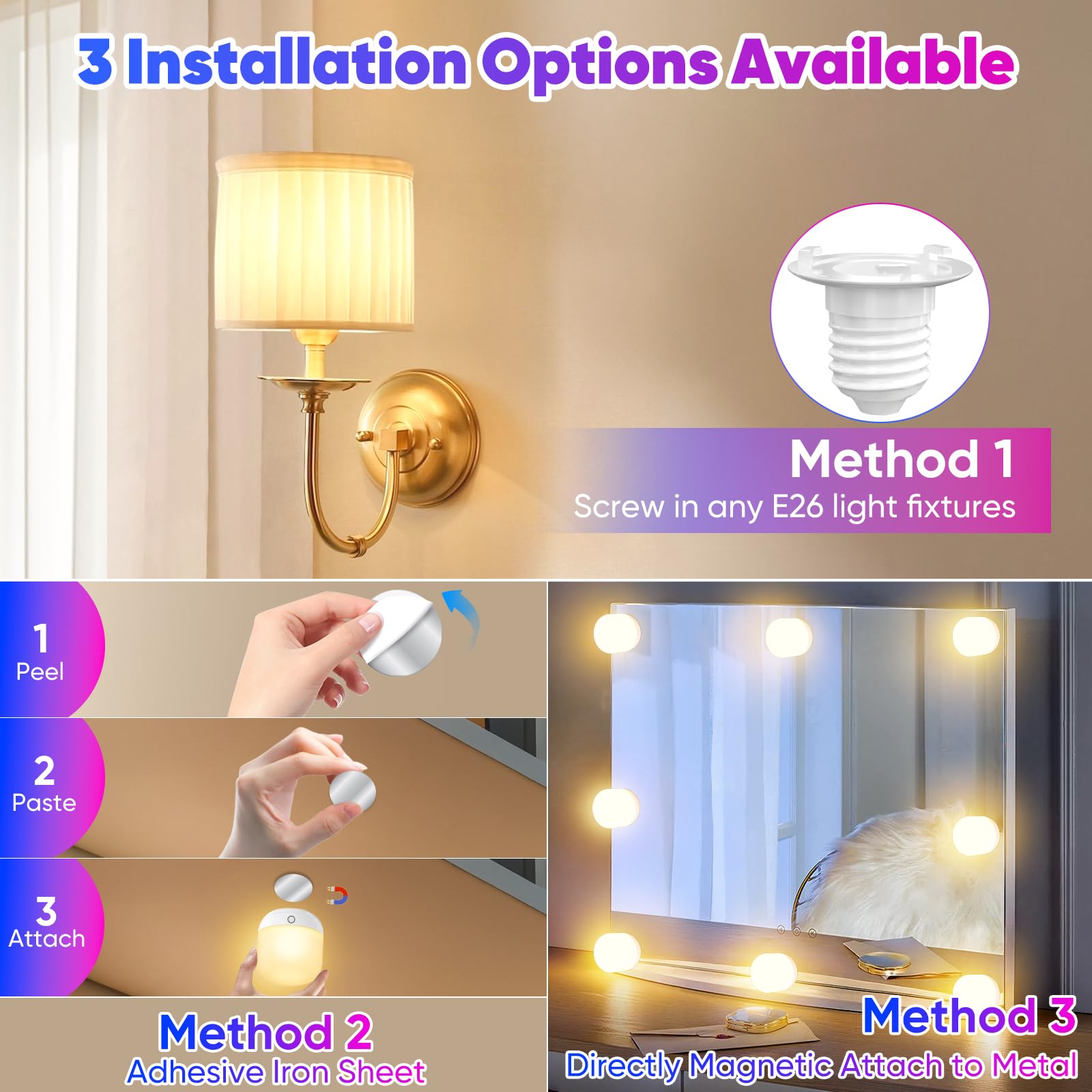 Yochoice Rechargeable LED Light Bulb Set - 3 Pack, Wireless, Dimmable, 15 Colors, Magnetic Charging Station, Remote Control, White