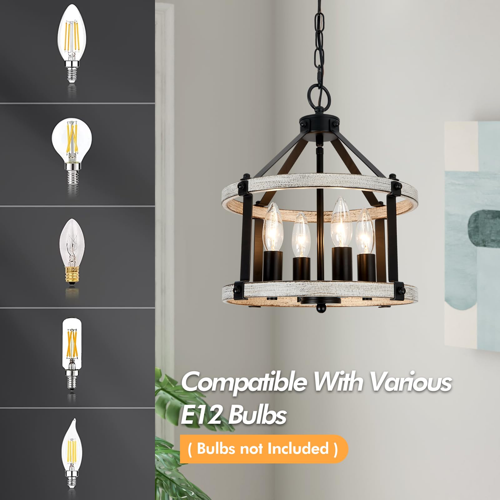 4-Light Farmhouse Chandelier, 12.5 Inch Rustic Black And Vintage Wood Finish Chandeliers For Dining Room Light Fixture, Adjustab