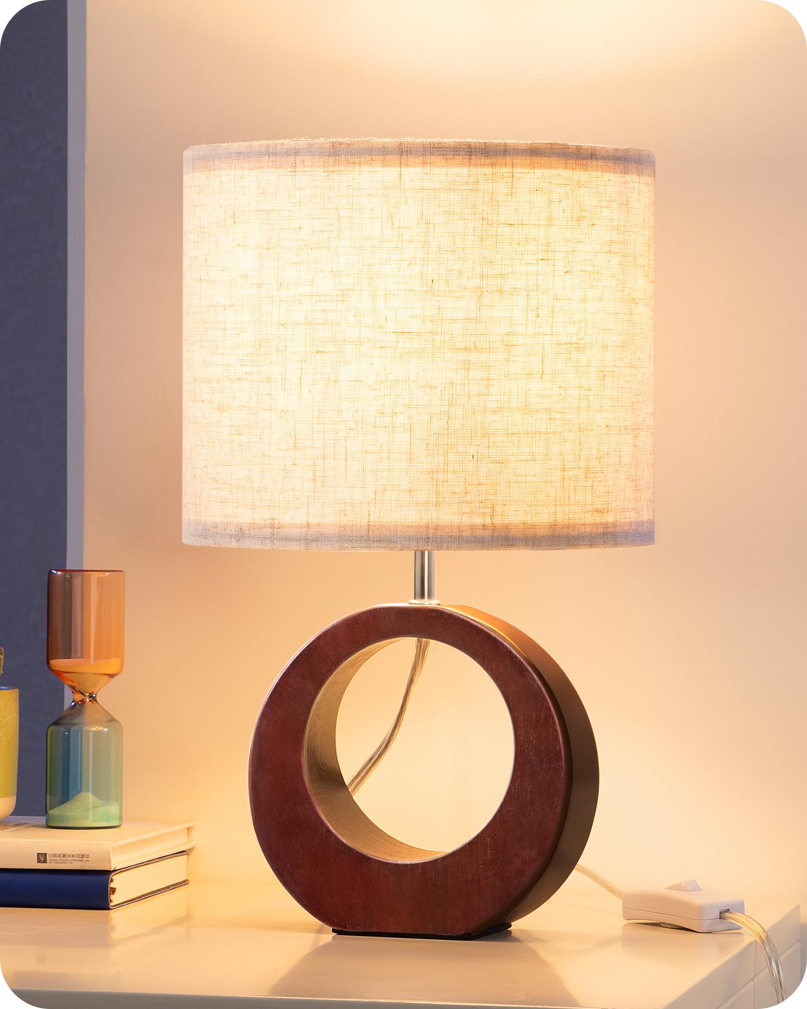 EDISHINE 13.4 Wood Table Lamp, Small Bedside Lamp with Beige Linen Lampshade & ON-Off Switch, E26 Base, Modern Nightstand Lamp f