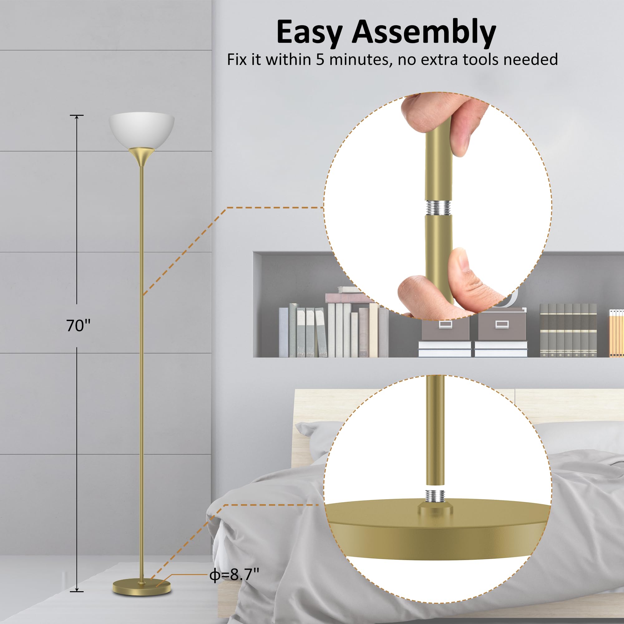 Pesrae Floor Lamp, Remote Control With Stpeless Color Temperatures And Brightness, Torchiere Lamp For Bedroom, Living Room, Bulb