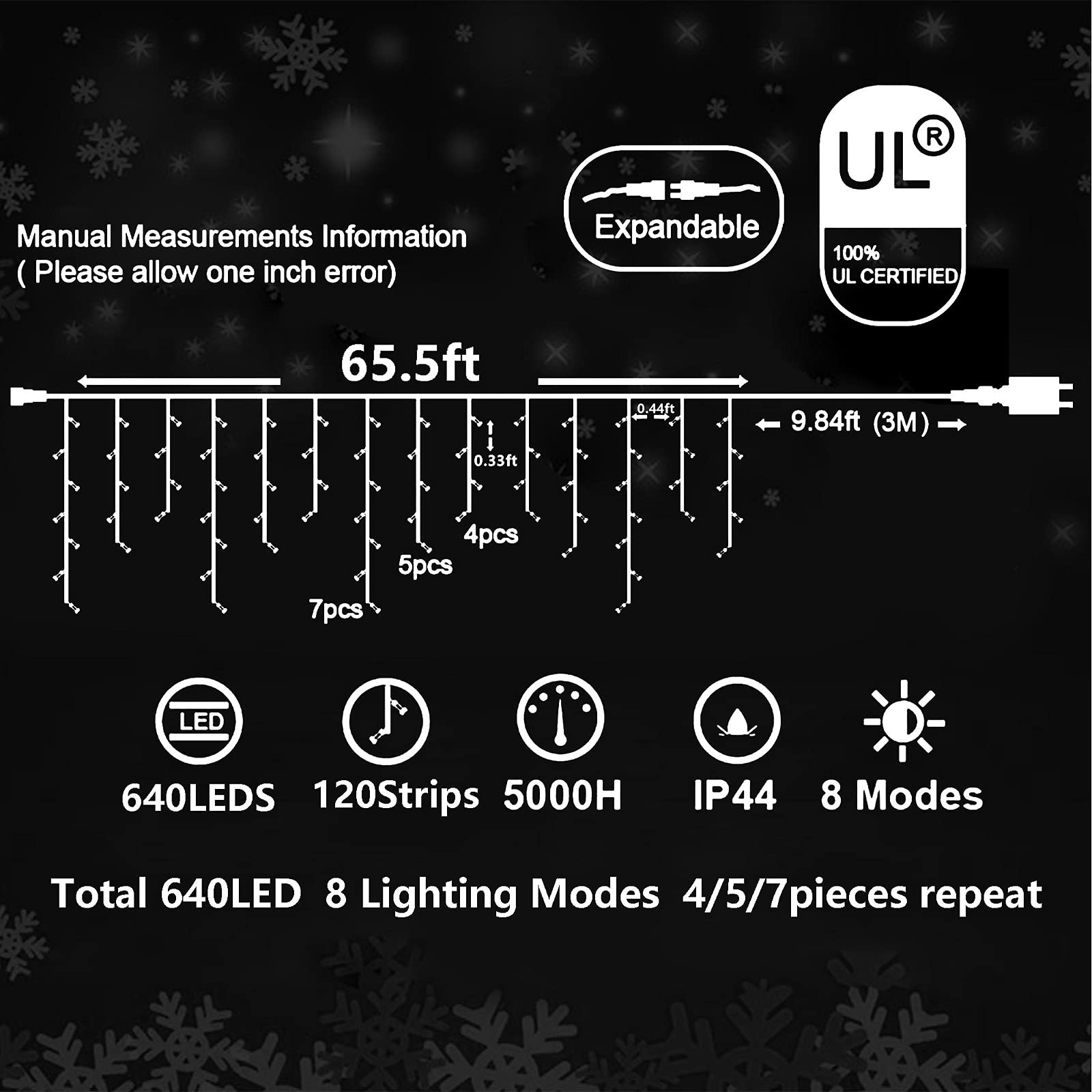 JXLEDAYY 640 LED String Lights Outdoor Decorations 65FT Multicolored Waterproof 8 Modes Memory Timer Clear Wire