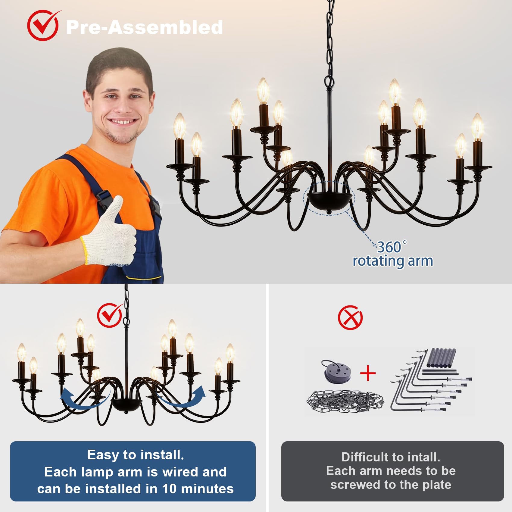 Depuley 12-Light Farmhouse Chandelier - Black Metal Modern Pendant Light for Dining Room, Kitchen Island, Foyer