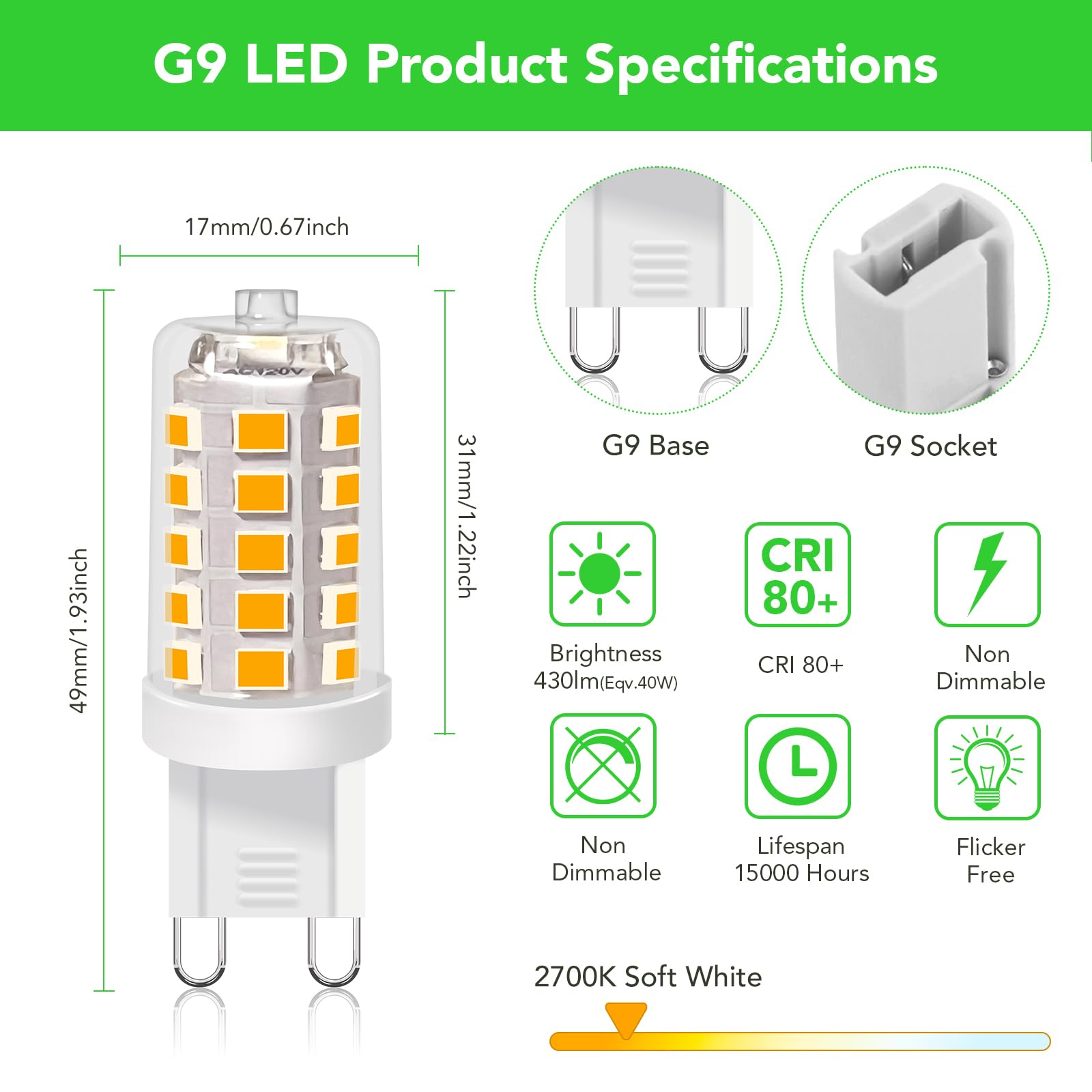 BUBO G9 LED Bulb 3W Equivalent 40W Halogen Replacement 2700K Soft White 6 Pack, Non-Dimmable, 360° Beam Angle, Model J