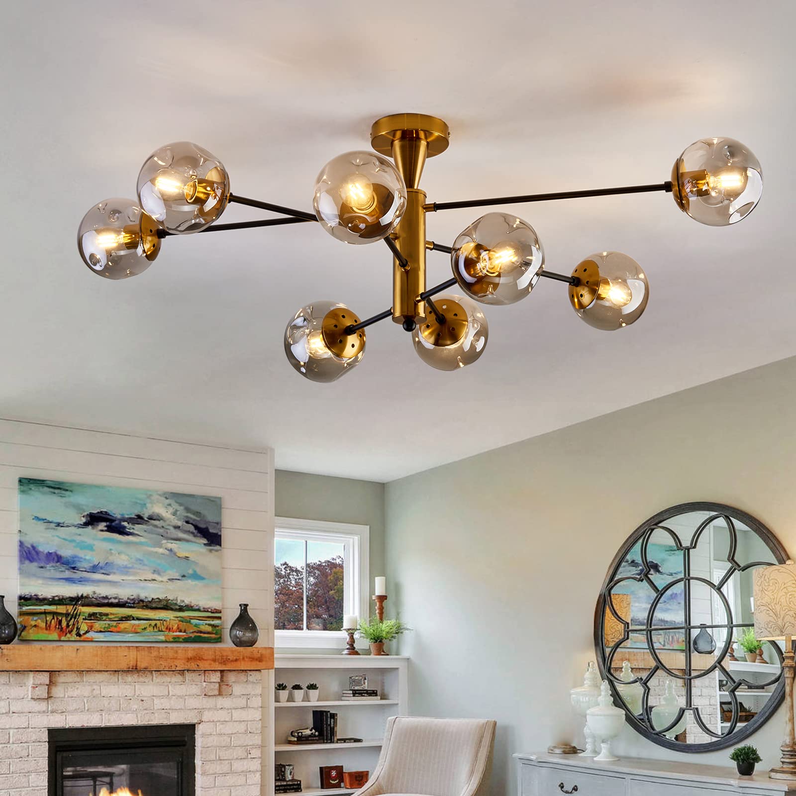 Hesoge 8 Light Sputnik Semi Flush Mount Ceiling Light Fixture Mid Century Modern Chandelier With Glass Globe Black Gold Ceiling Lighting For Dinning Room Farmhouse Kitchen Bedroom Living Room