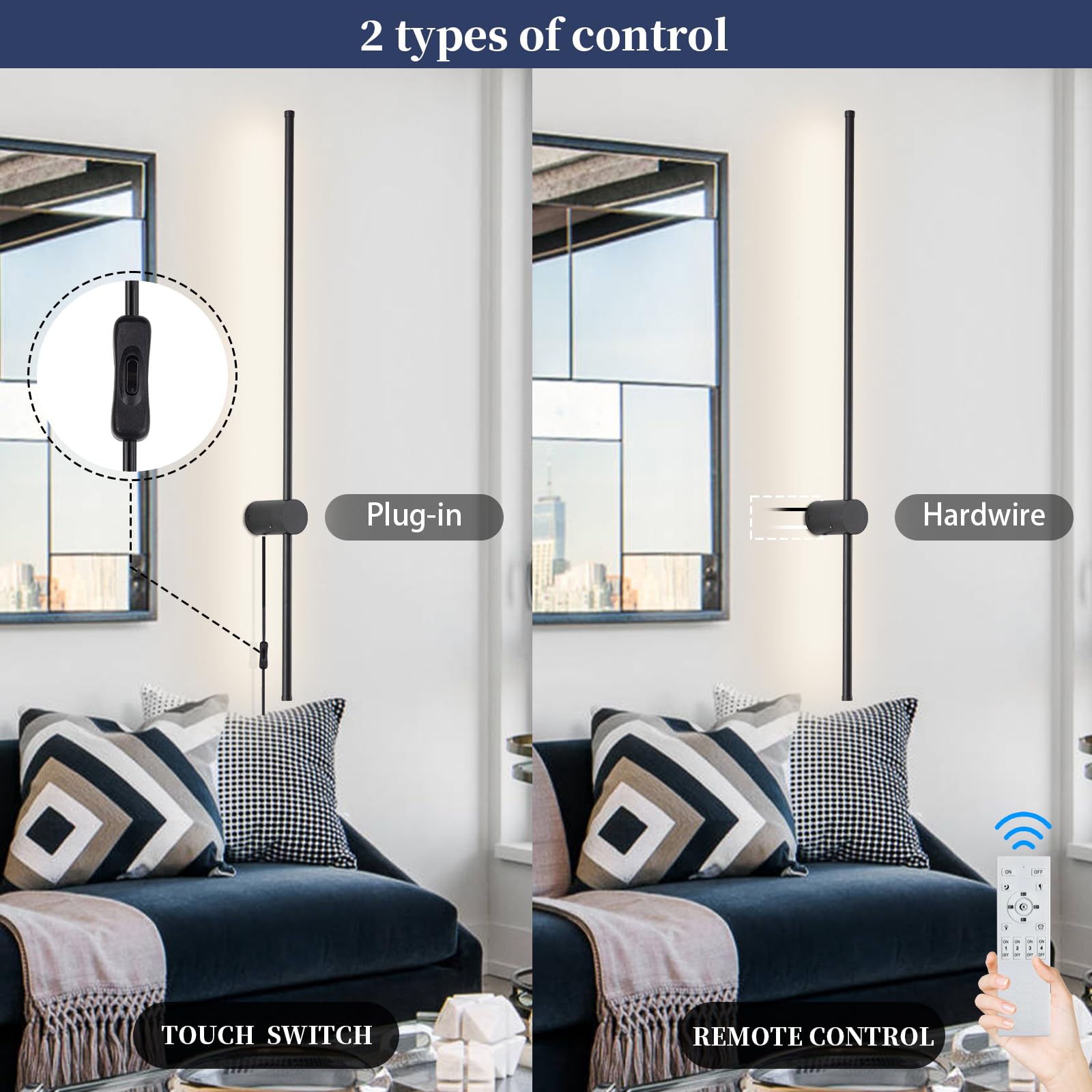 KELUOLY Dimmable Wall Sconce Set of 2, 39.37" LED, Adjustable Brightness, Black, Model RYDCT-HS100, Ideal for Living Room