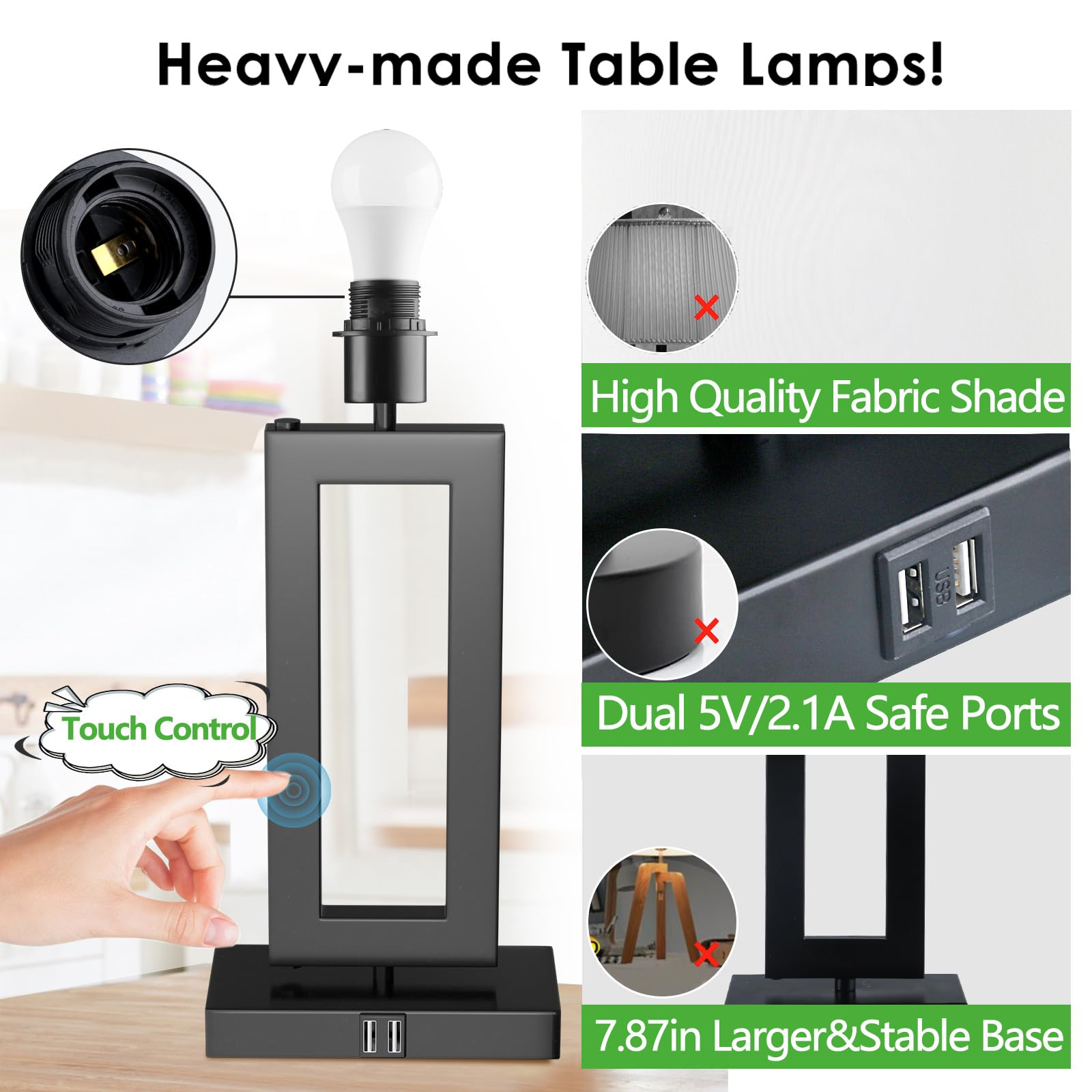 Momyofdy White& Black Table Lamp Set Of 2 Touch Control Lamps 3-Way Dimmable Bedroom Bedside Nightstand Lamps W/Usb Ports Modern