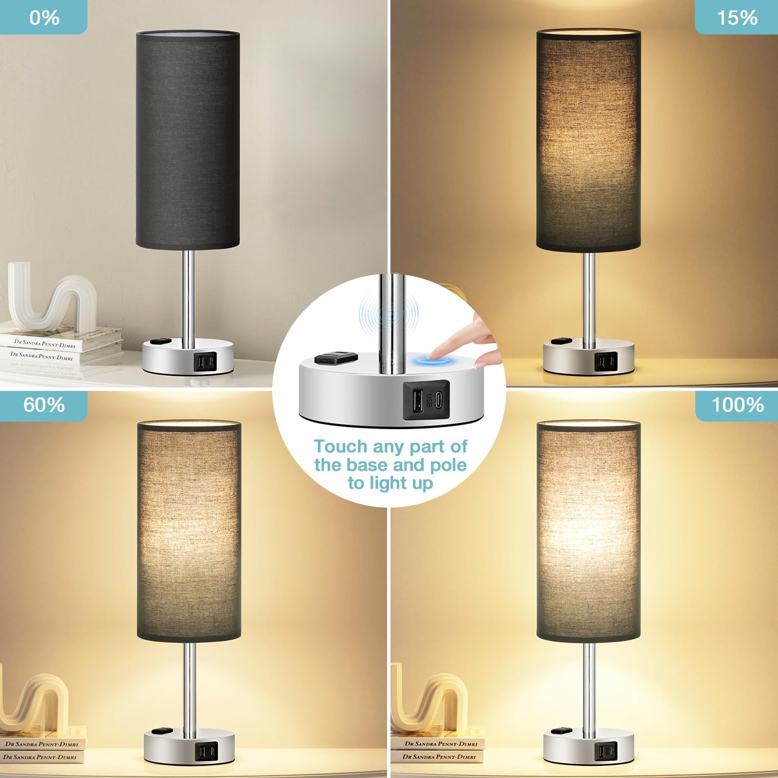 Black Bedroom Table Lamp For Bedside - 3 Way Dimmable Touch Lamp Usb C A Charging Ports And Ac Outlet, Small Desk Lamp For Night