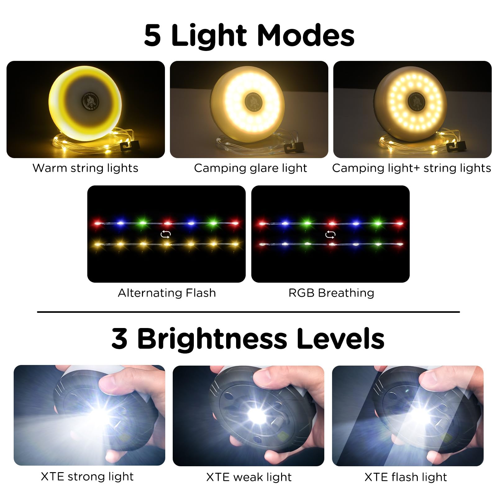 Ogery Camping String Lights, 2 In 1 Quick Storage 32.8Ft Rechargeable Tent Lights String With 8 Lighting Modes, Hanging Waterpro