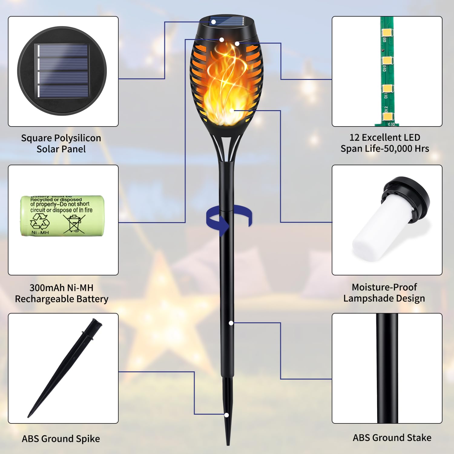 KYEKIO Solar Torch Lights - Outdoor Flickering Flame, Waterproof, 12Pack, Orange, Plastic