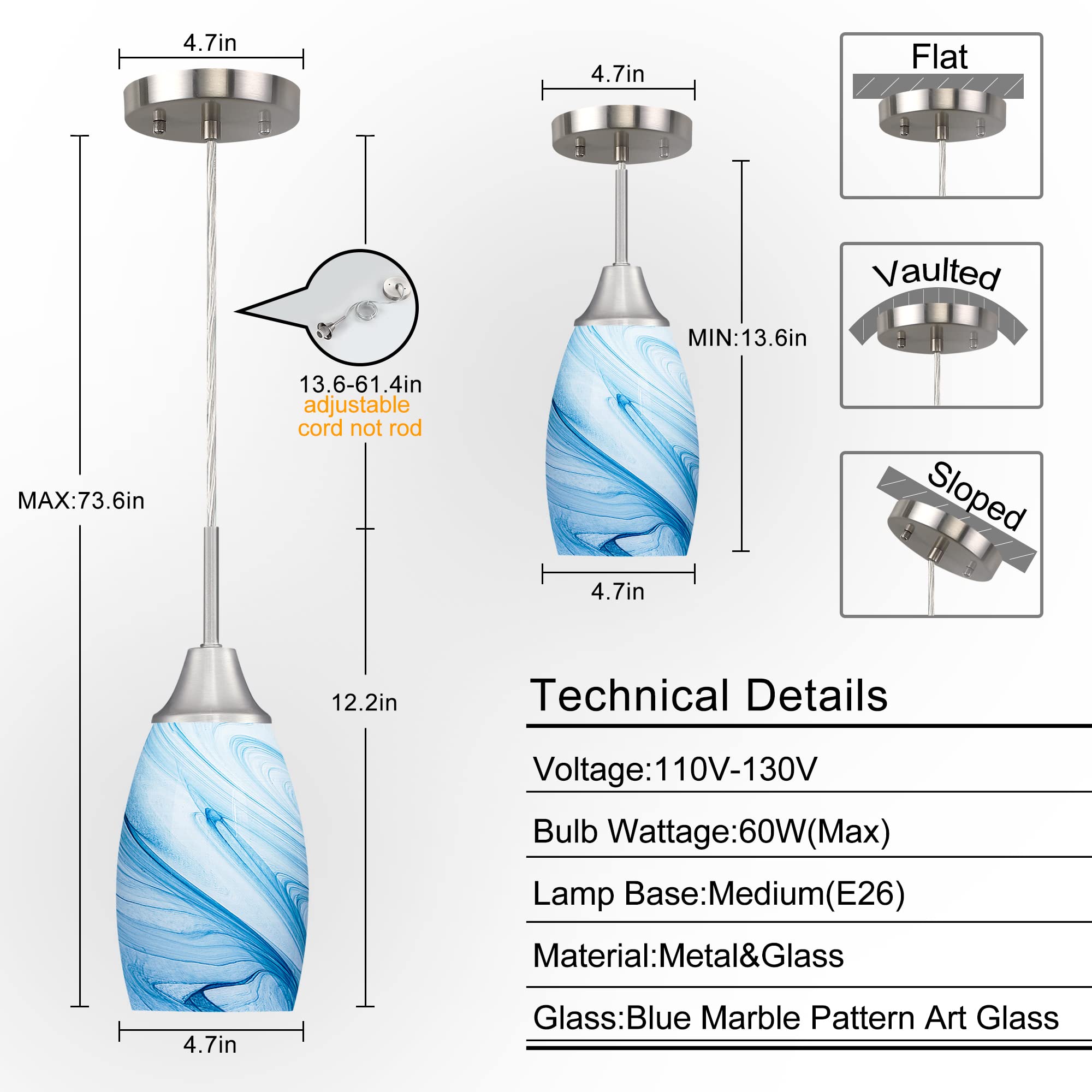 Viinew Mini Glass Pendant Light, Blue Marble Shade, Adjustable Cord, 3 Pack, Brushed Nickel Finish