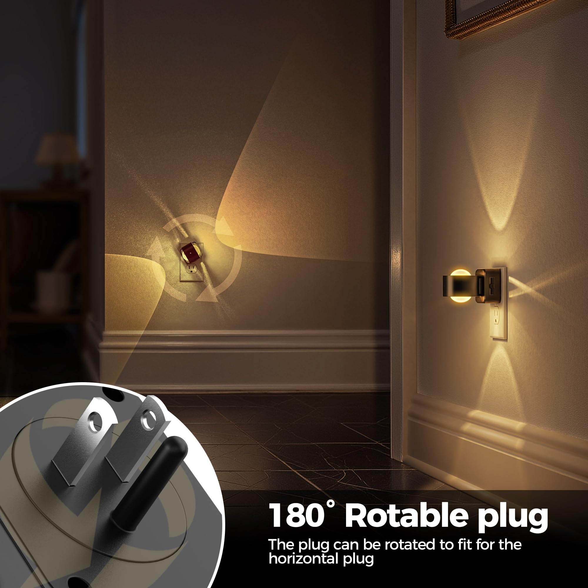 Briignite Night Light Projector, LED Dusk to Dawn Sensor, 180° Rotating, 2 Pack, Warm-Black Cover, Model BRGY154, Plastic