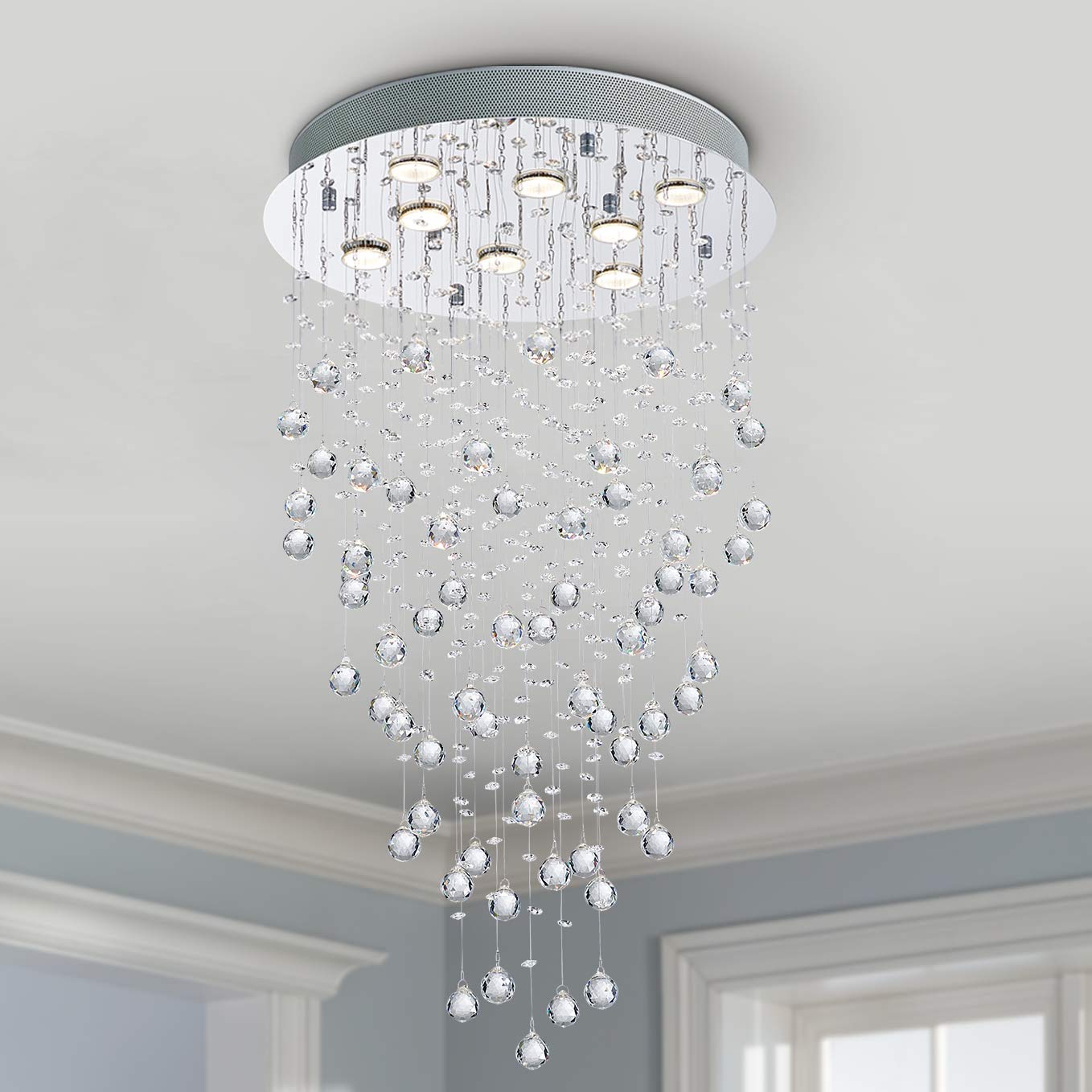 Bestier Modern Crystal Raindrop Chandelier, 20" Wide x 34" High, Glass Finish, 8 GU10 Bulbs Required, Ideal for Dining Room & Living Room