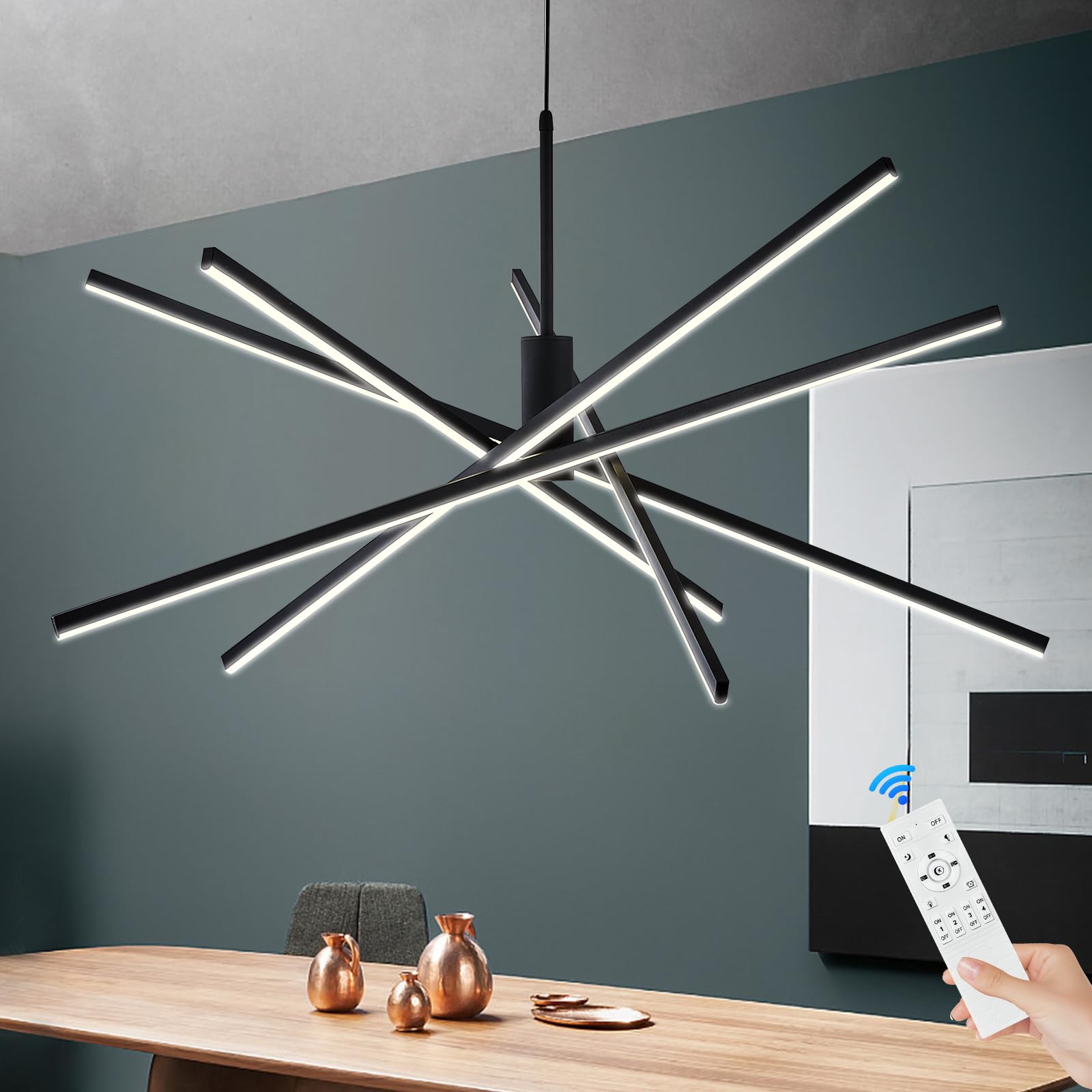 Benkut Gold LED Chandelier Dimmable Modern Pendant Light Fixture 35 Remote Control 60W 3000K-6500K for Dining Room, Living Room,