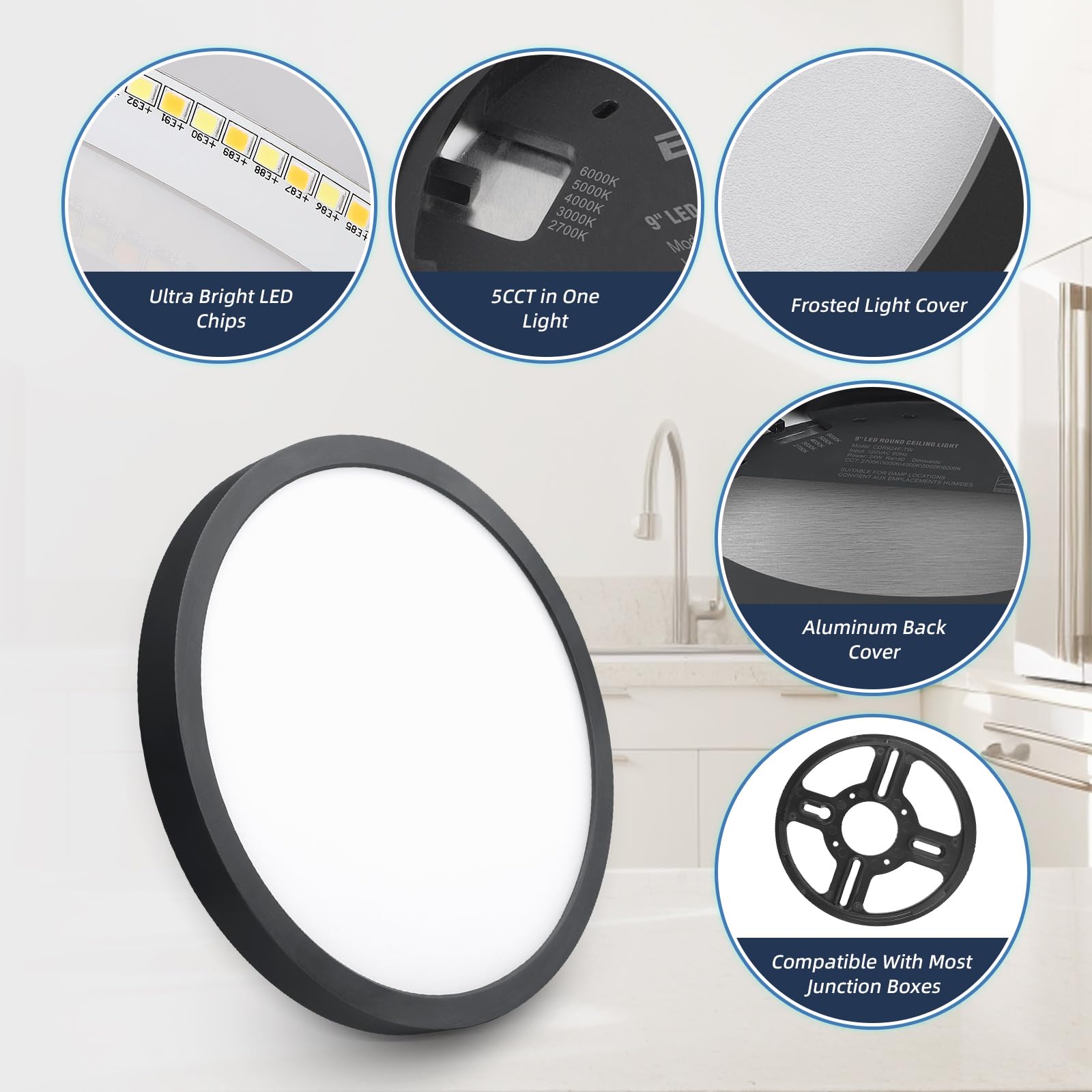Ecoeler 12Inch Black Led Flush Mount Ceiling Light  5Cct Selectable Surface Mount Flat Panel Light  28W 2400Lm  Dimmable Low Profile Lighting Fixture For Kitchen  Bedroom  Laundry  Etl Listed