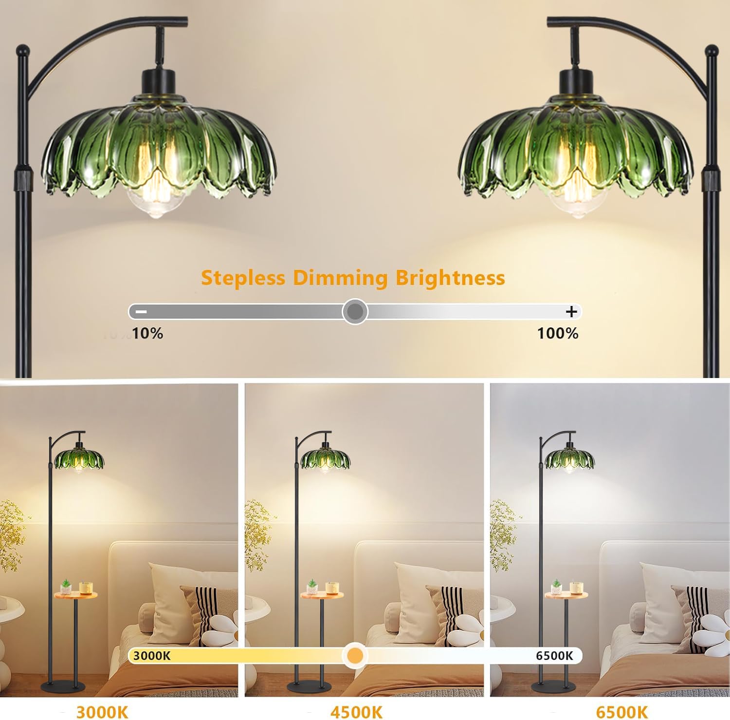 QIYIZM Boho Floor Lamp, Dimmable Arc Design, Black Rattan Shade, Adjustable Height, Model 1