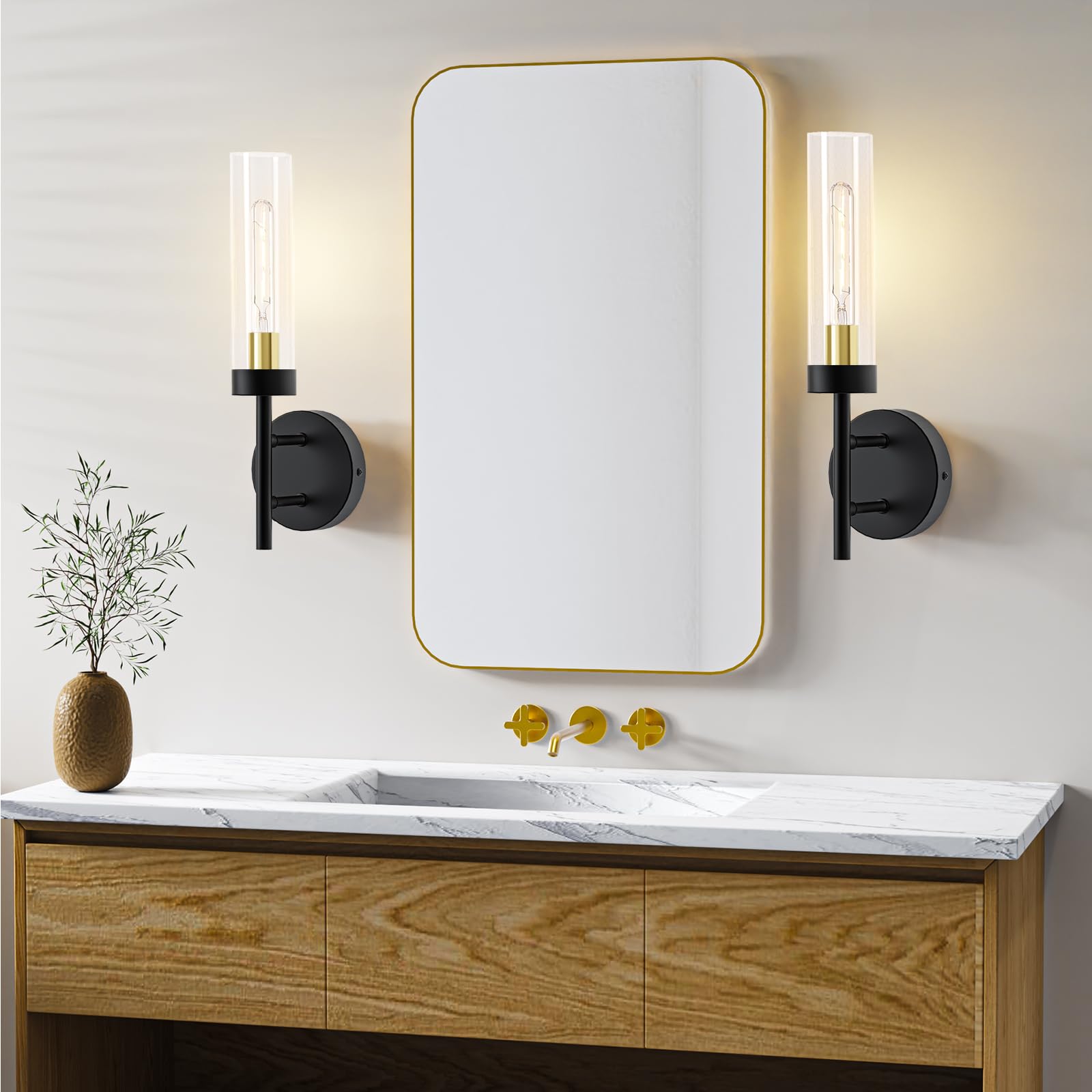 E.P. Light Wall Sconces Set of 2 Hardwired Black and Gold Metal Vanity Fixtures for Bathroom Mirror, Model EP0105