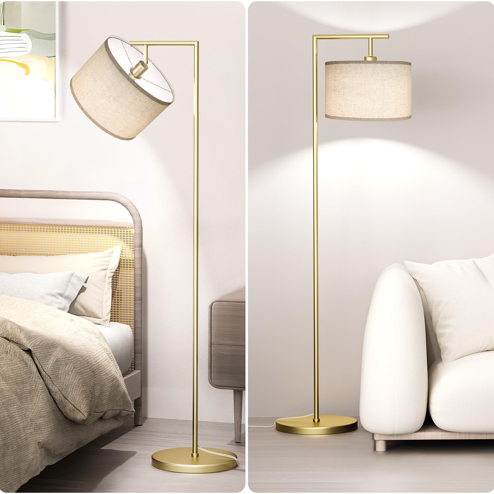 CNXIN Floor Lamp - 3 Color Temperatures, Adjustable Beige Linen Shade, Large Gold Metal, Model CN-FL103A-GD-1, 9W LED Bulb Included