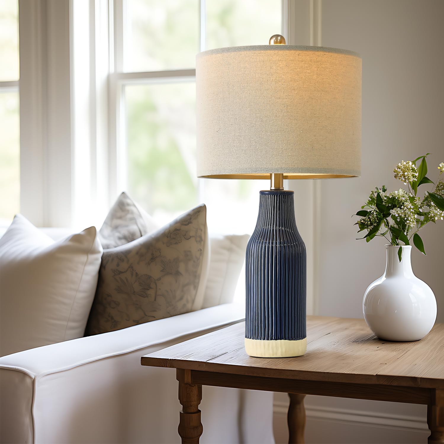 Usumkky 23.75'' Modern Blue Ceramic Table Lamp Set Of 2 For Living Room, Farmhouse Bedside Nightstand Lamp For Bedroom Home Offi