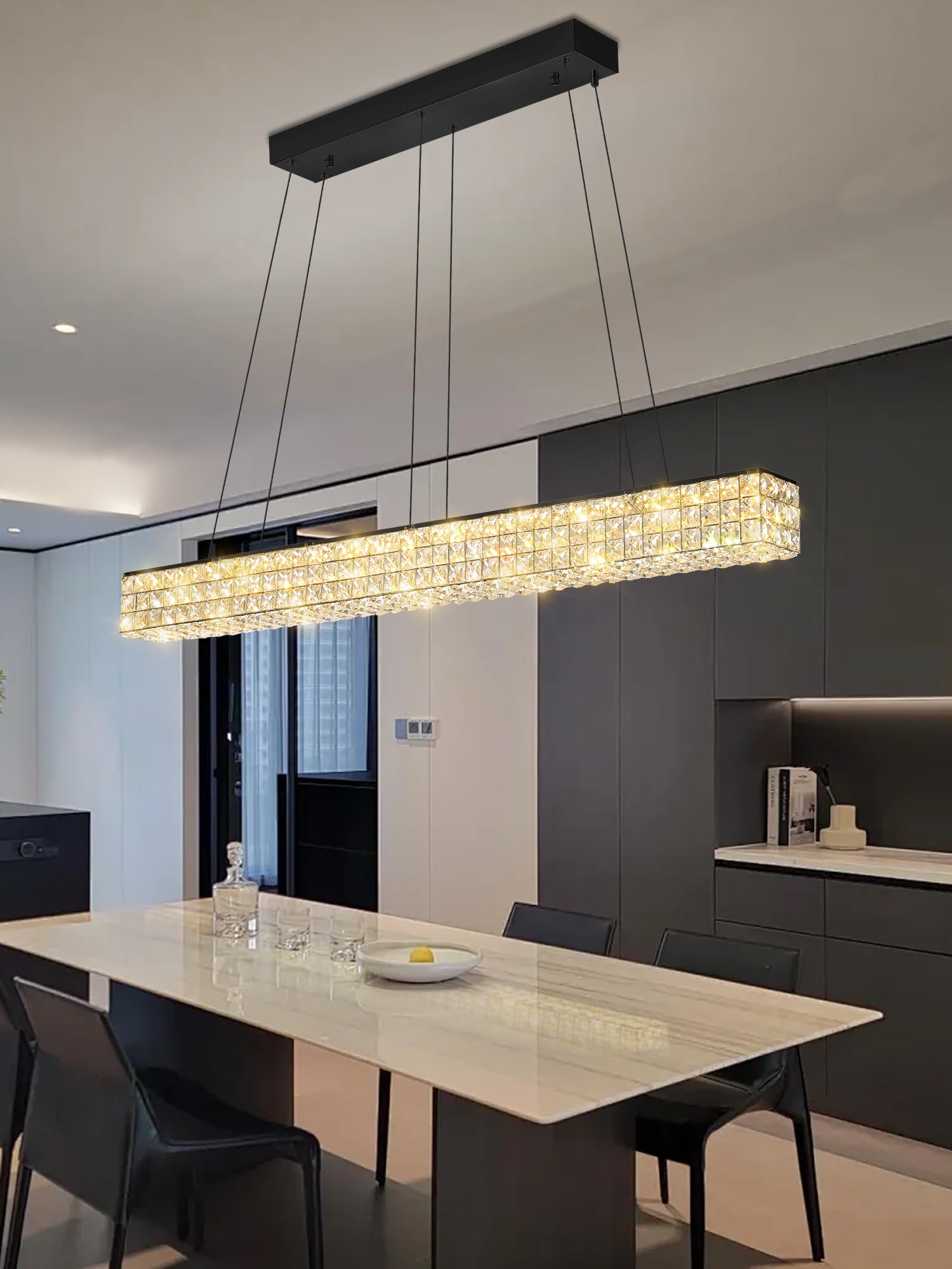 ykolupty W48 Rectangle Chandeliers for Dining Room  Modern Crystal Pendant Lights Fixture Linear Chandelier for Kitchen Island  Living Room  Bedroom