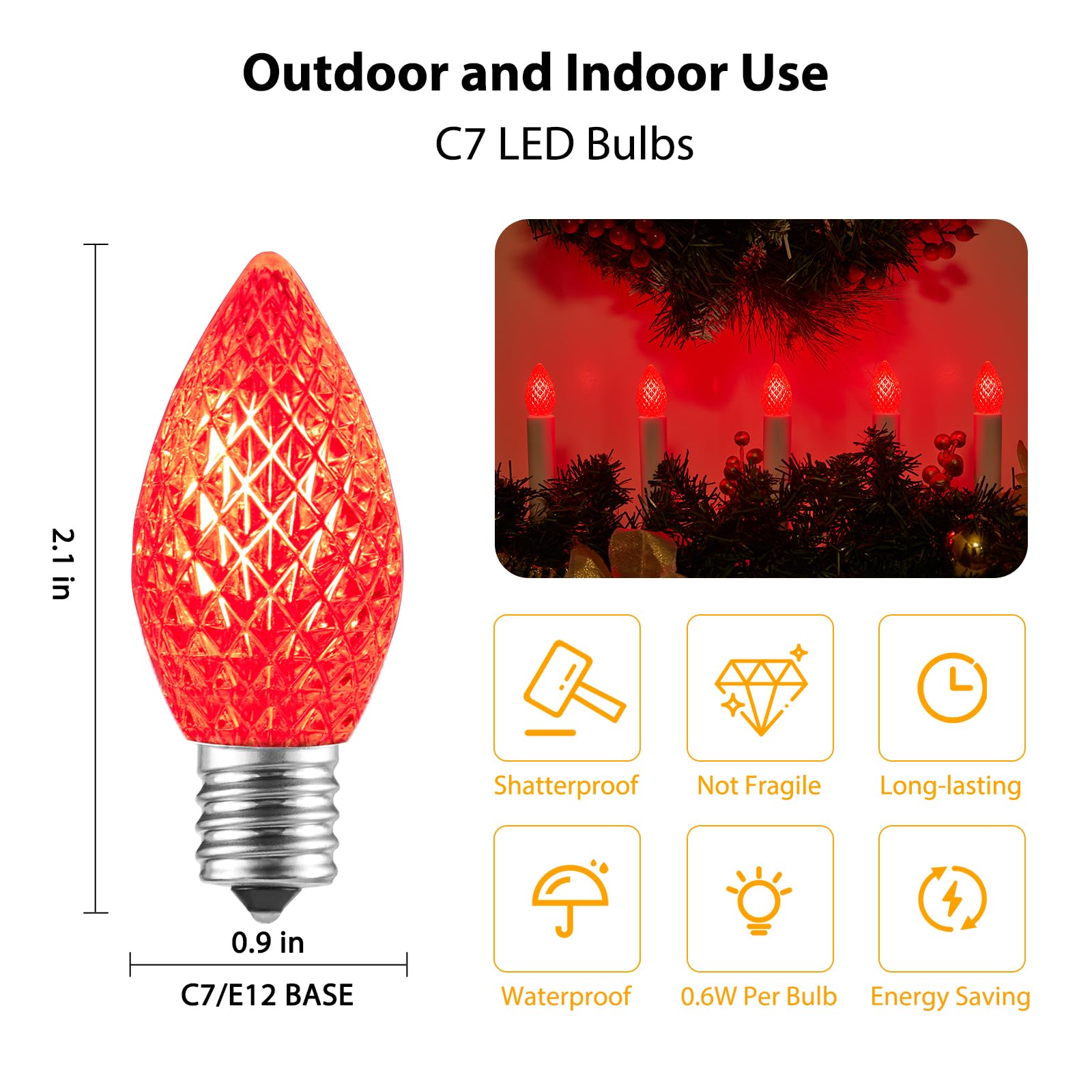 Minetom C7 LED Christmas Lights, Shatterproof, E12 Base, 25 Pack, Red Bulbs