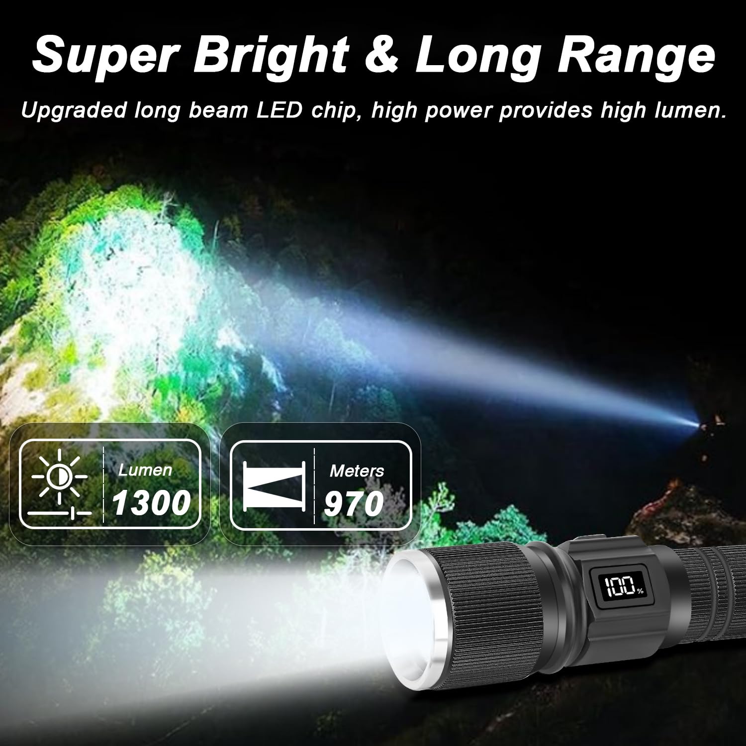 Flashlight Rechargeable With Lcd Display, 1300 High Lumens Flashlight Super Bright 30W Long Throw Highbeam Pocket Flashlights, 3