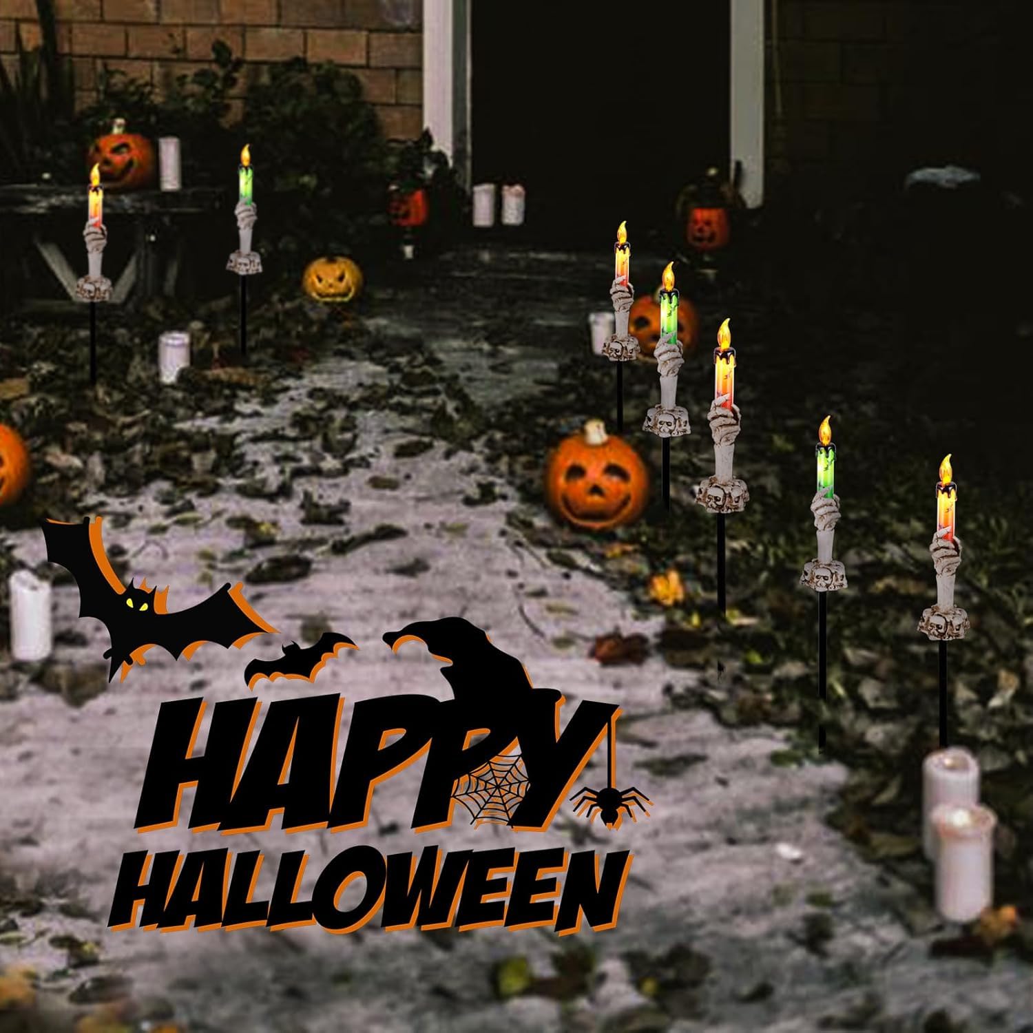 ILLUMINEW Halloween Pathway Lights, 10 Pack Skull Hand Candle Holders, Solar Powered LED Decor, White