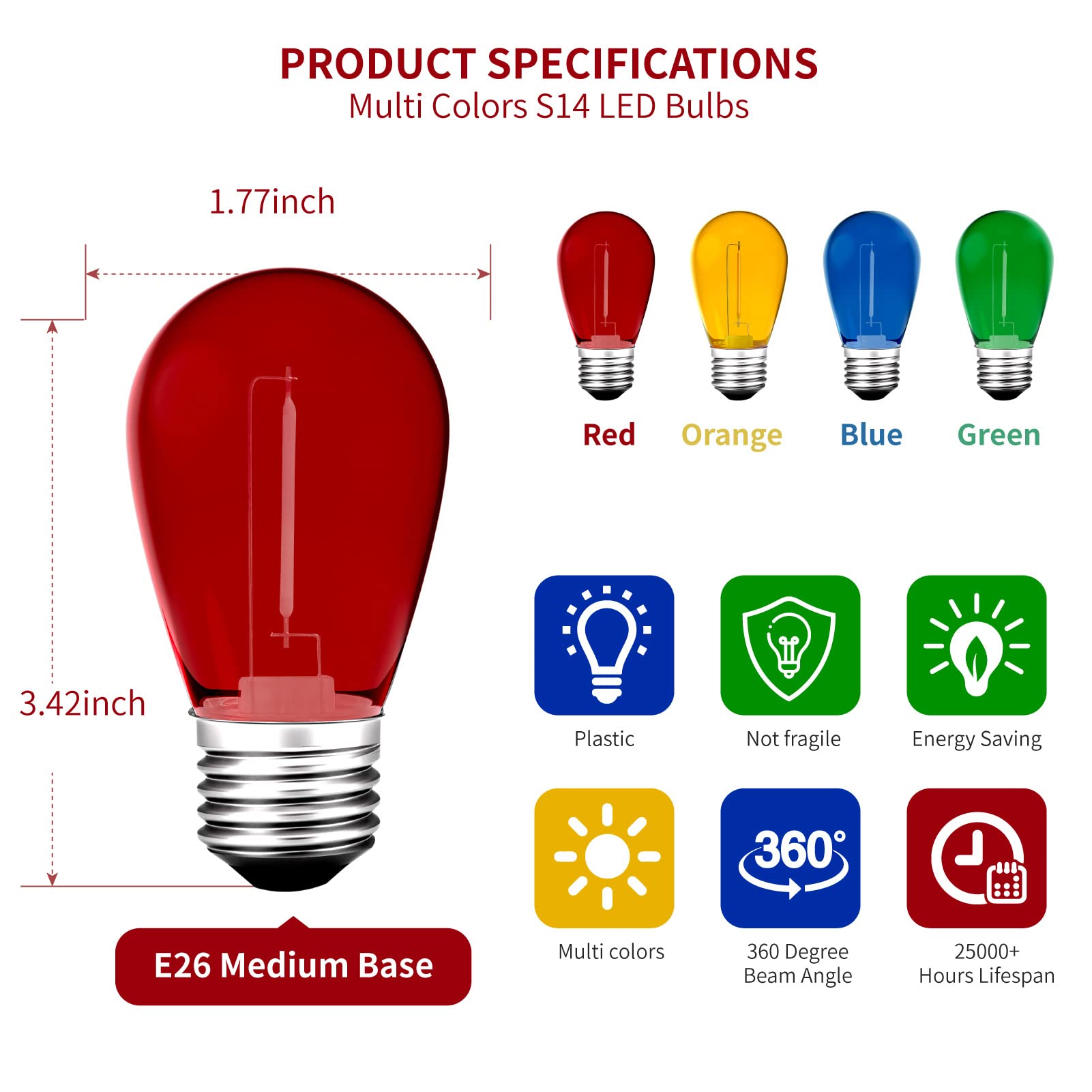 24Pack S14 Colored Led String Light Bulbs,1Watt Plastic Shatterproof Waterproof Outdoor Indoor Replacement Bulbs For Home Decor,