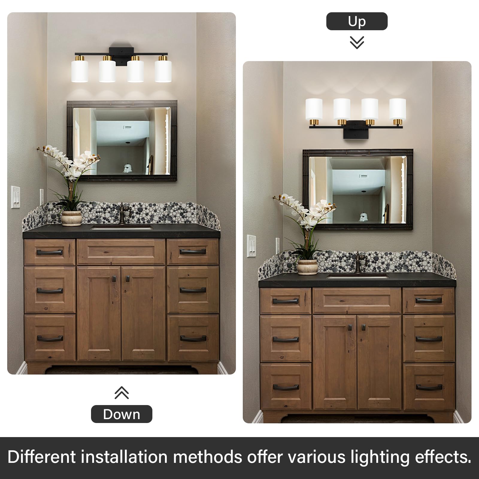 Fonmyim Black And Gold Bathroom Light Fixtures, 4-Light Modern Vanity Light Over Mirror, Wall Sconces With Milky White Frosted G