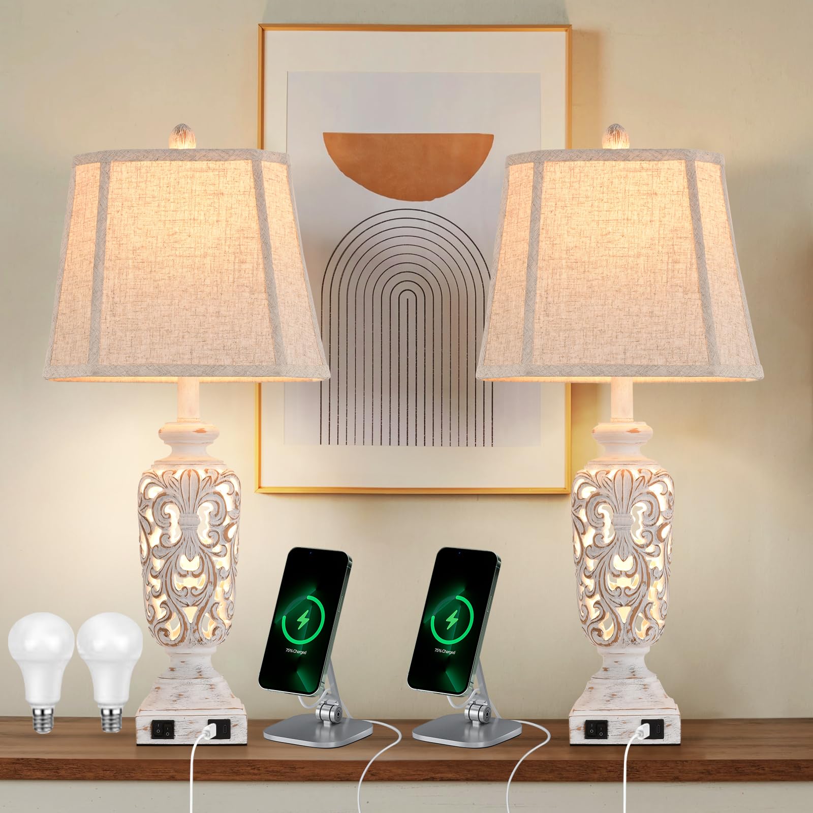 Liyicha Living Room Lamps Set Bedside Lamp Farmhouse Rustic Lamp Bedroom for Nightstand Lights Set of 2 with USB A+C Ports Palace Lampshade (White Wash 28-in High)
