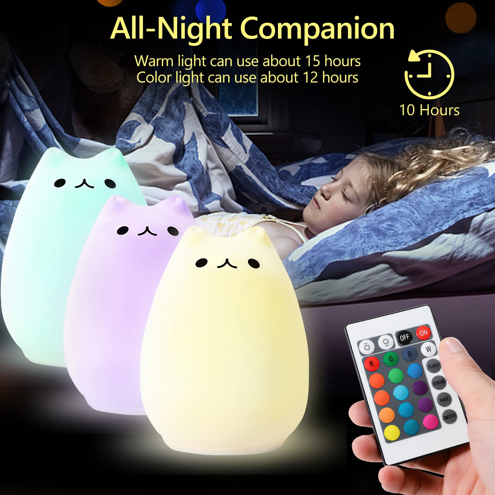 Litake Cute Cat Night Light - Squishy Silicone Lamp with Remote, 16 Colors, Cream, Baby Nightlight for Kids, Christmas Gifts, Room Decor