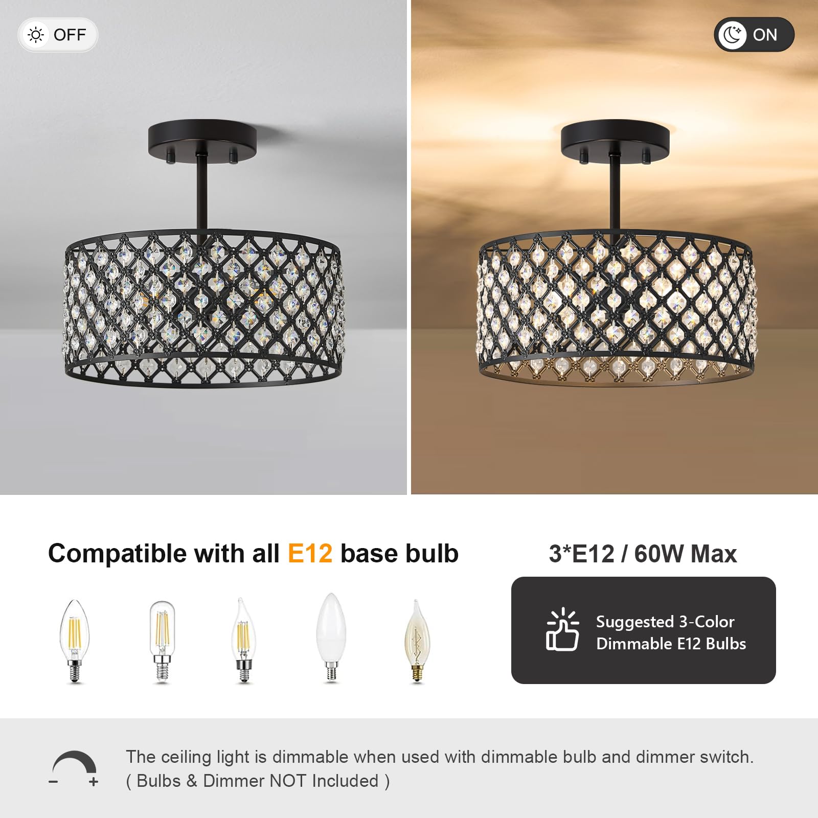 BZVESR Black Crystal Ceiling Light Fixture, Modern Semi Flush Mount, 3 Light, 12 inch, for Dining Room, Hallway, Kitchen, Bedroom