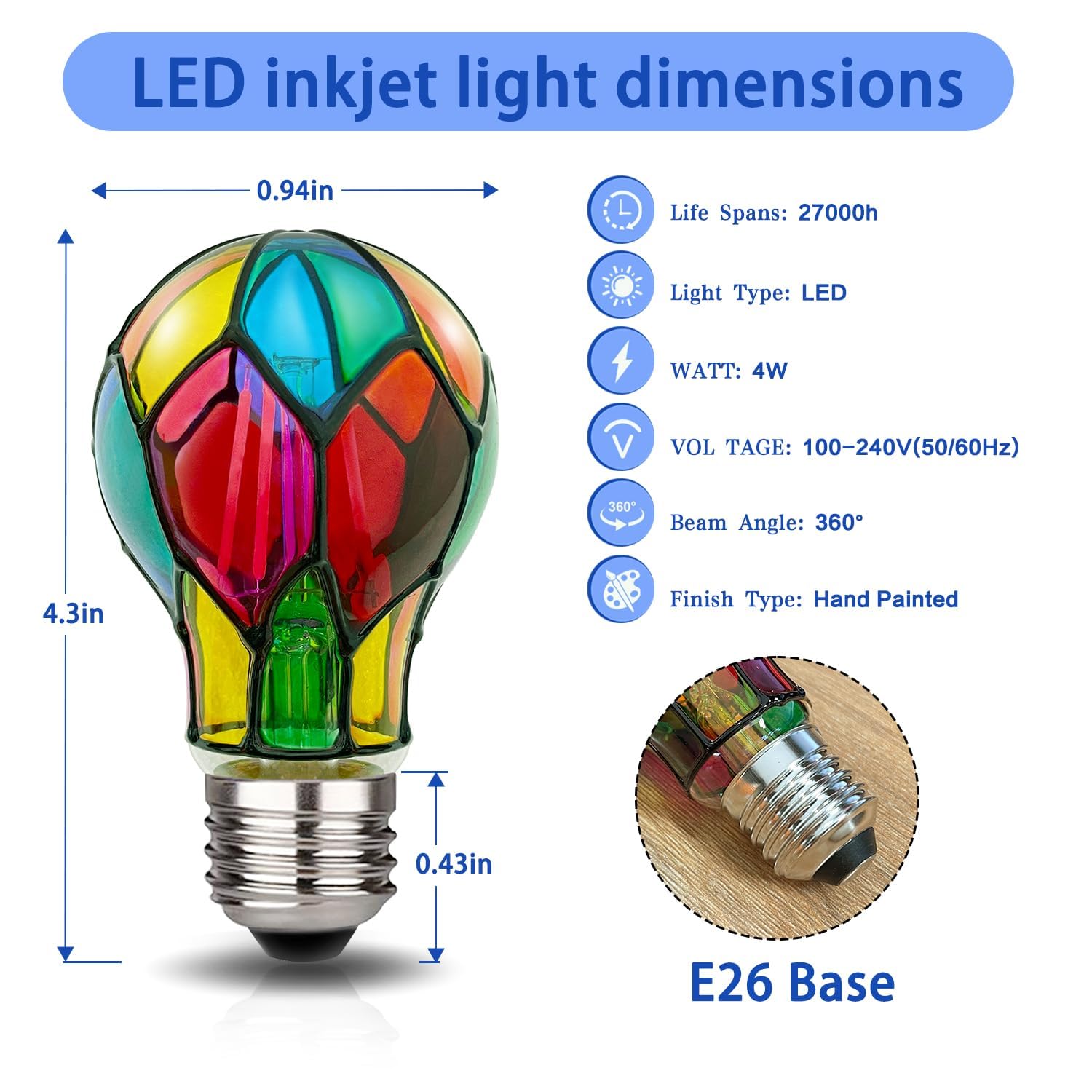 Aygrochy 4 Pack LED Stained Glass Bulbs, 4W E26 A19 Colored Light Bulbs for Home, Garden, Christmas Decoration