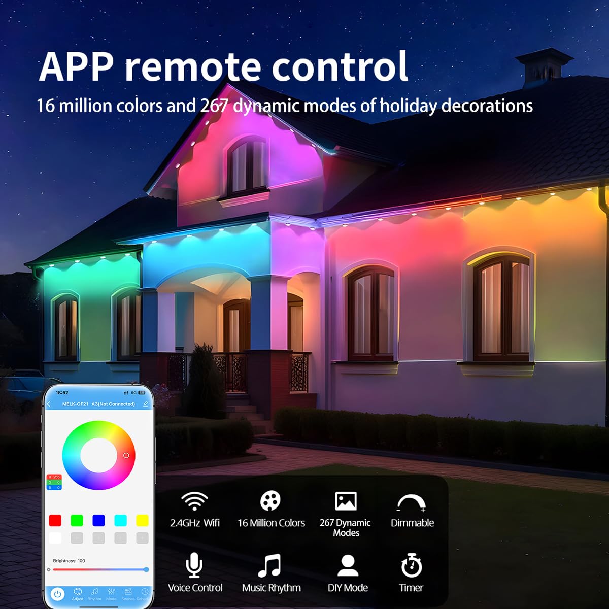 XINKAITE 100FT Smart RGB+IC Outdoor Eaves Lights with App Control, IP67 Waterproof for Holidays & Daily Use