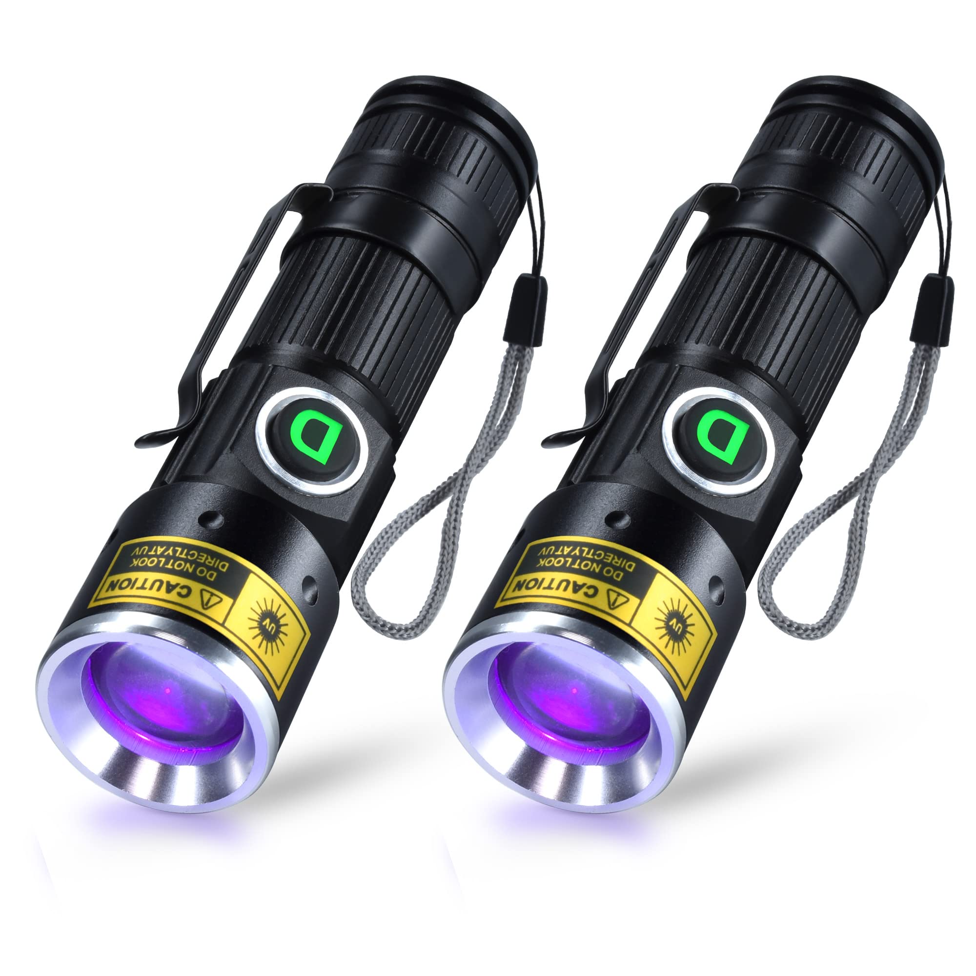 DARKDAWN UV Flashlights 395nm LED Blacklight 2-Pack, USB Rechargeable, Aluminum, Model D15, Color D15-UV